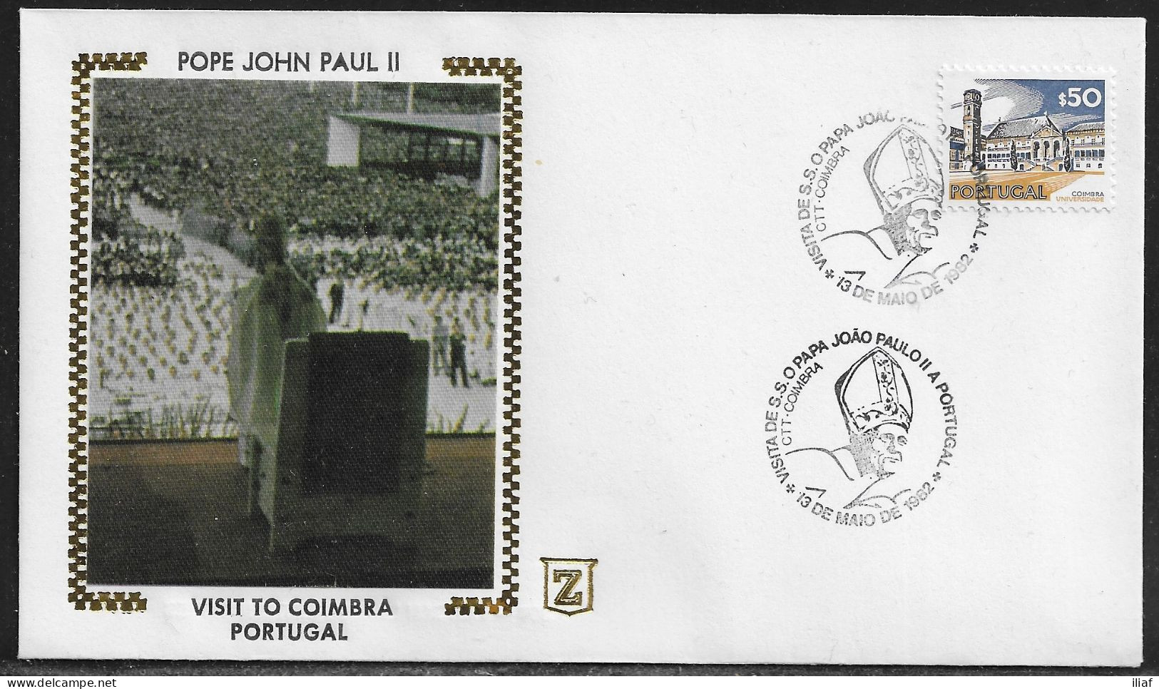 Portugal.   Pastoral Visit Of Pope John Paul II To Coimbra, Portugal.  Special Cancellation On Special Envelope - Briefe U. Dokumente