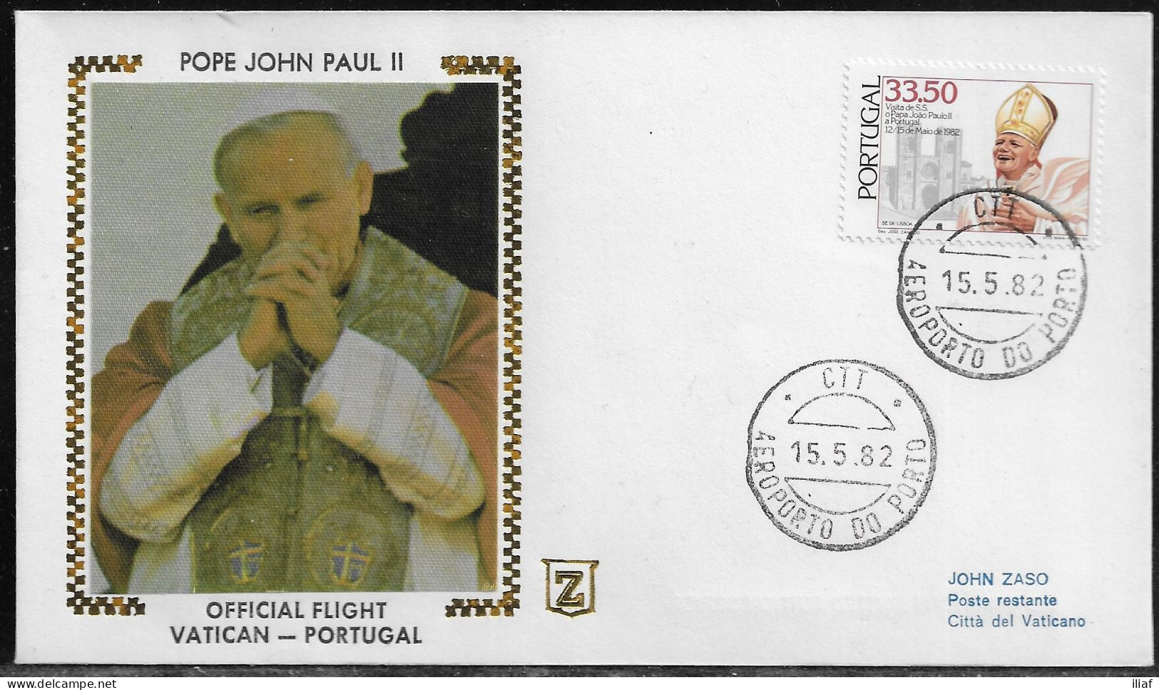 Portugal.   Pastoral Visit Of Pope John Paul II To Portugal. Official Flight Vatican-Portugal.  Special Cancellation - Storia Postale