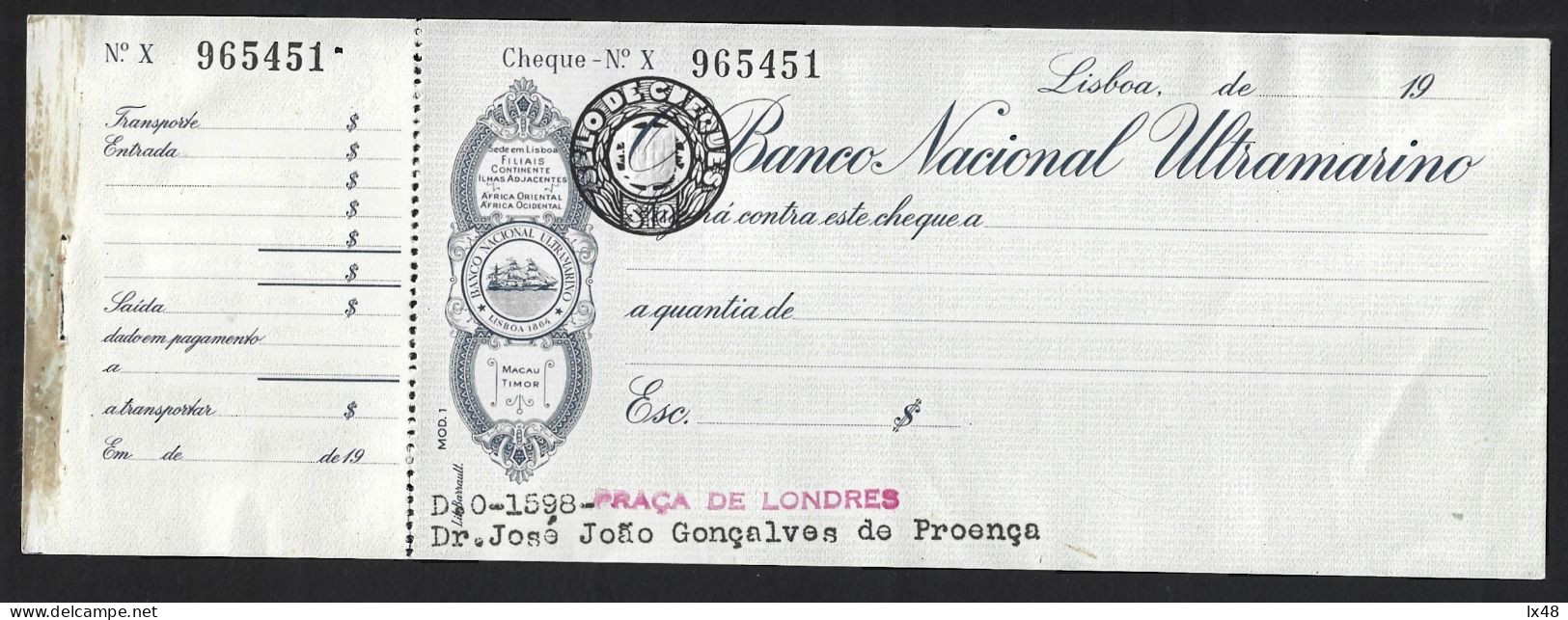 Check From BNU, Banco Nacional Ultramarino, Lisbon. Portugal. Ship. Stamp Check $10. Macao. Timor. Schip. Schiff.Batea - Chèques & Chèques De Voyage