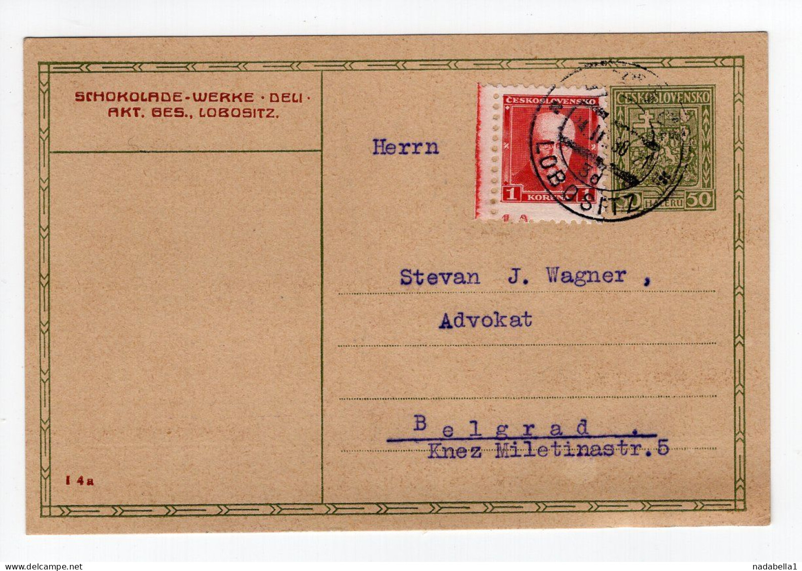 1930. CZECHOSLOVAKIA,LOBOSITZ,DELI CHOCOLATE FACTORY,STATIONERY CARD,USED TO BELGRADE,YUGOSLAVIA - Postkaarten