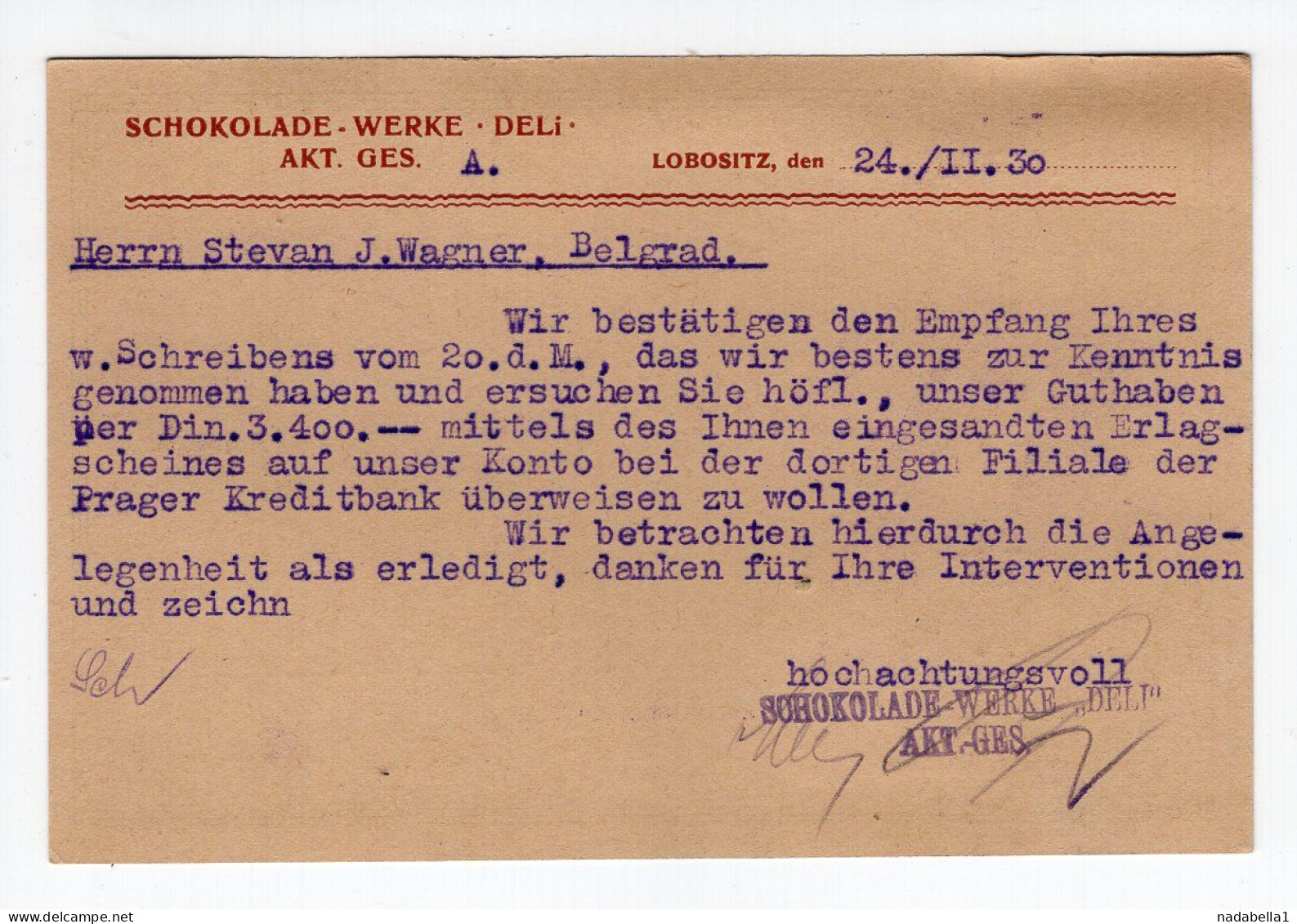 1930. CZECHOSLOVAKIA,LOBOSITZ,DELI CHOCOLATE FACTORY,STATIONERY CARD,USED TO BELGRADE,YUGOSLAVIA - Ansichtskarten