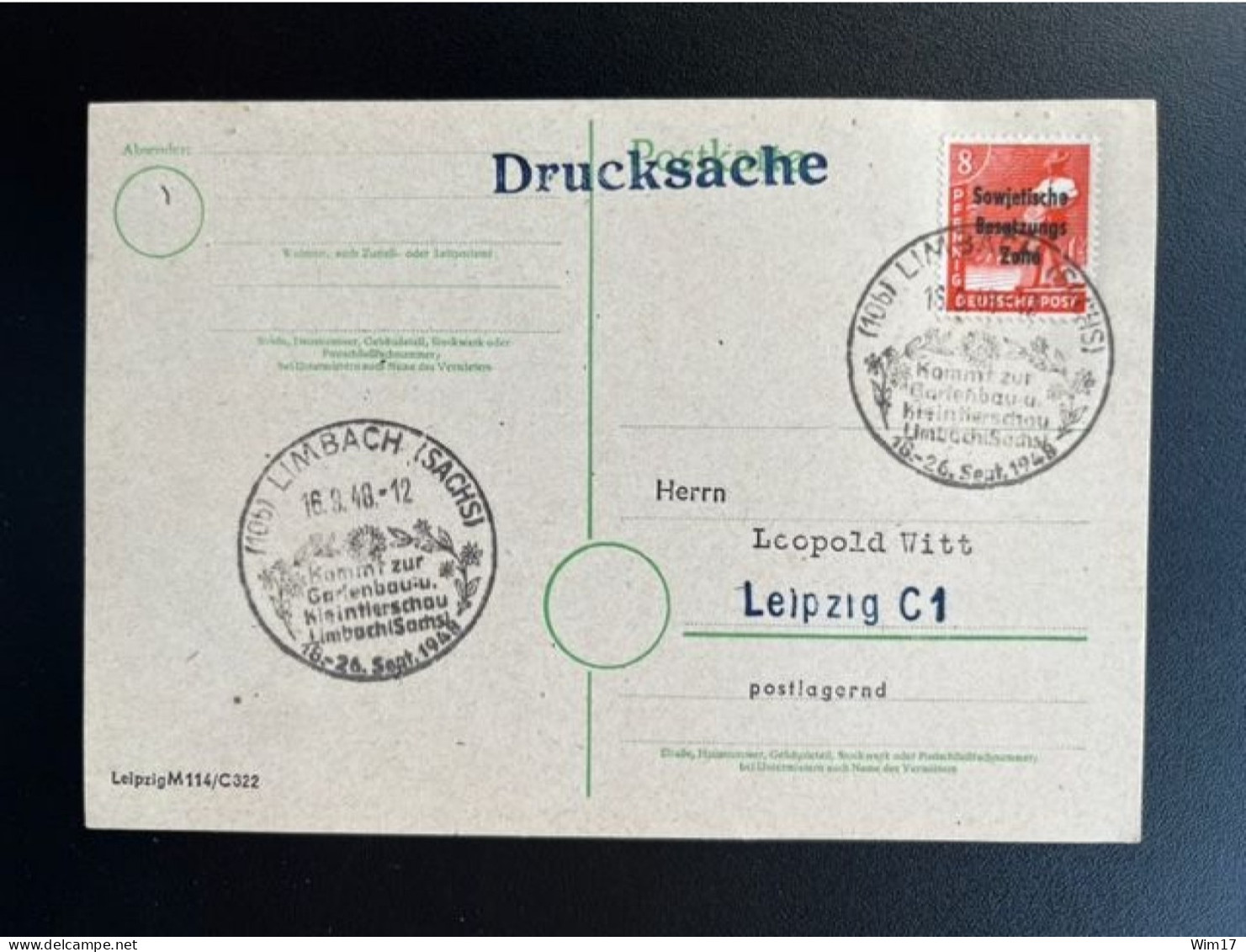 GERMANY 1948 POSTCARD LIMBACH TO LEIPZIG 16-09-1948 DUITSLAND DEUTSCHLAND SST GARTENBAU - Enteros Postales