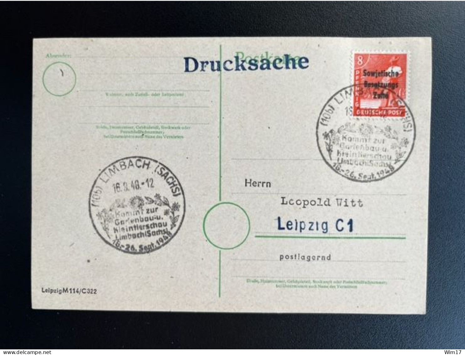 GERMANY 1948 POSTCARD LIMBACH TO LEIPZIG 16-09-1948 DUITSLAND DEUTSCHLAND SST GARTENBAU - Interi Postali