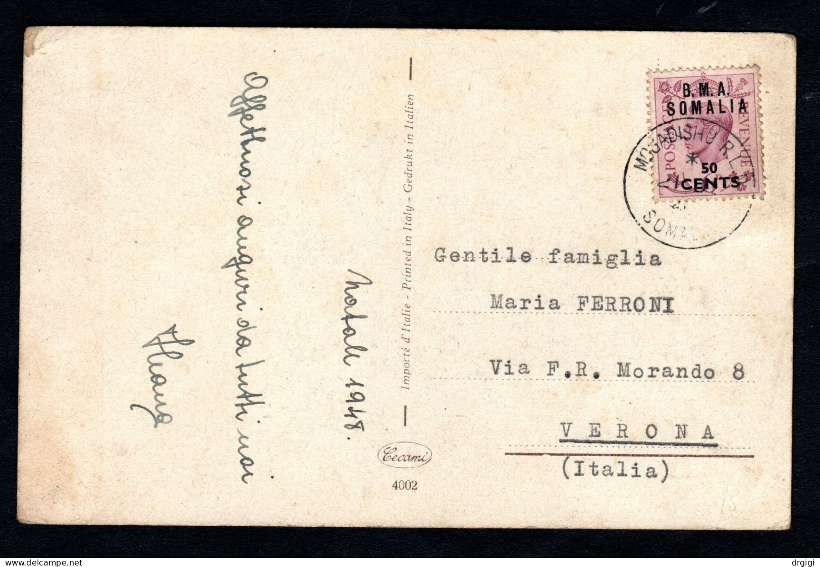 1948 B.M.A. SOMALIA OCCUP. BRIT. CARTOLINA VIAGGIATA PER L'ITALIA - Somalia