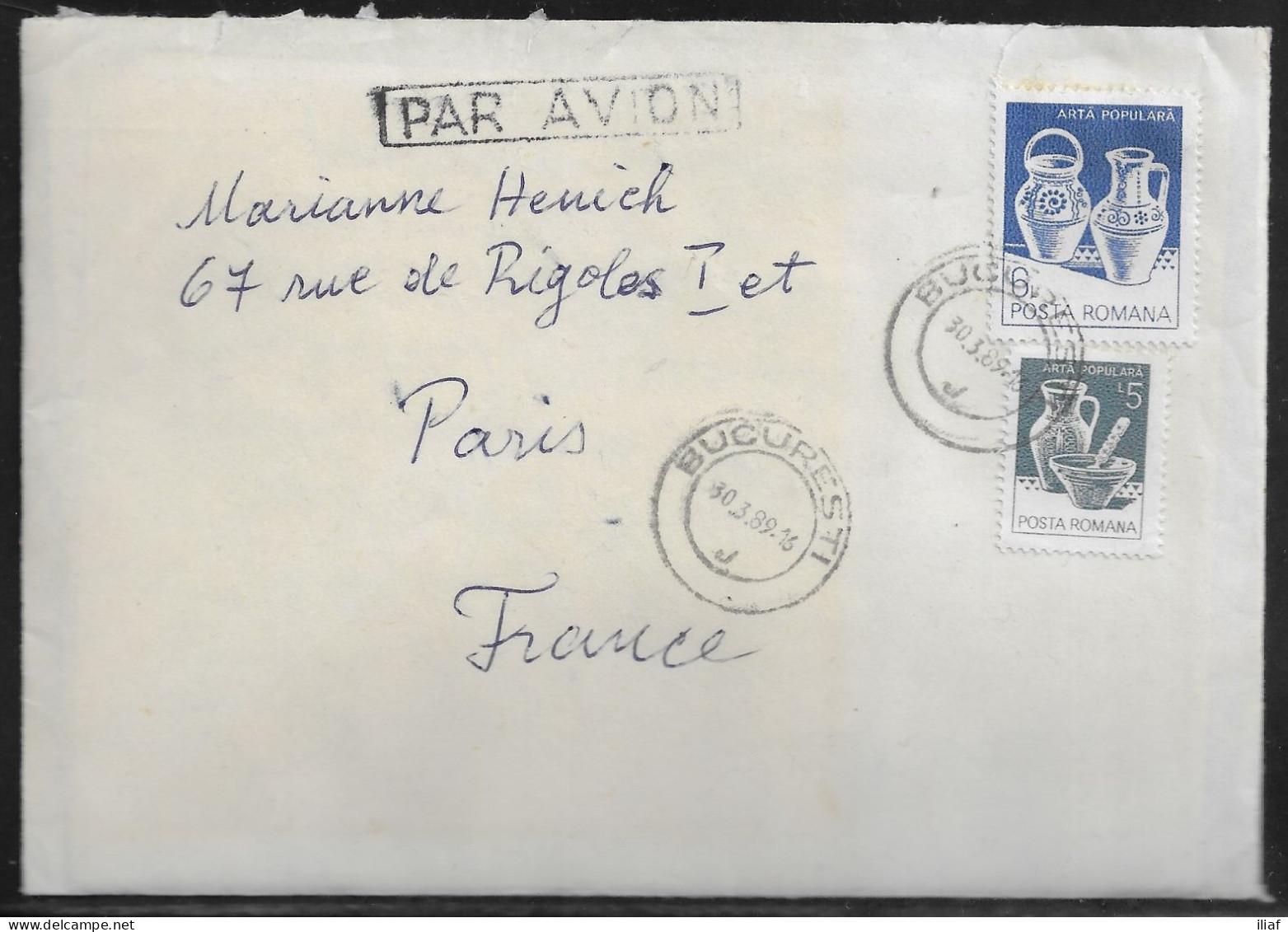 Romania. Stamps Sc. 3109-3110 On Air Mail Letter, Sent From Bucharest On 30.03.1989 To France. Letter Inside - Cartas & Documentos