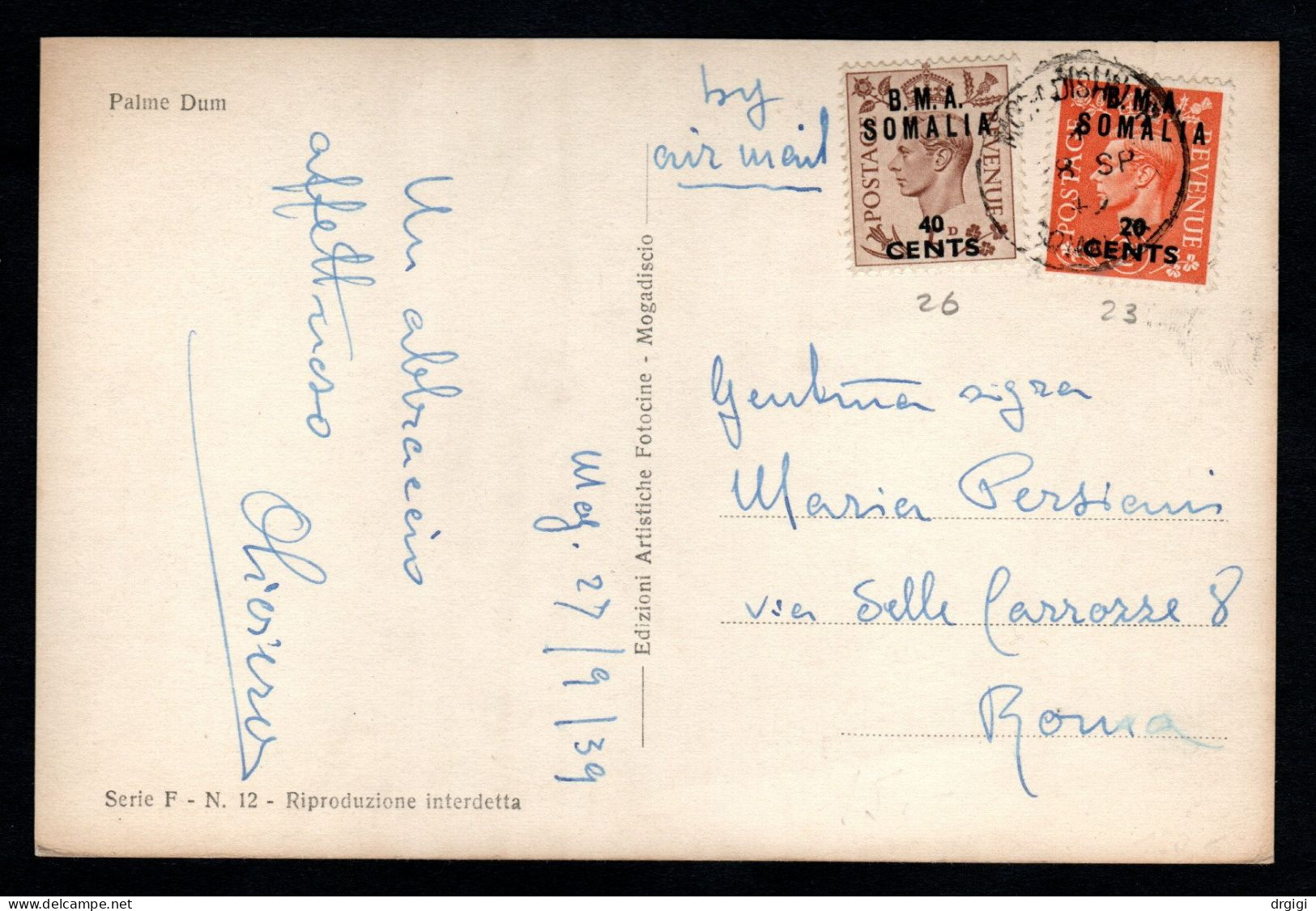 1949 B.M.A. SOMALIA OCCUP. BRIT. CARTOLINA VIAGGIATA PER L'ITALIA - Somalie