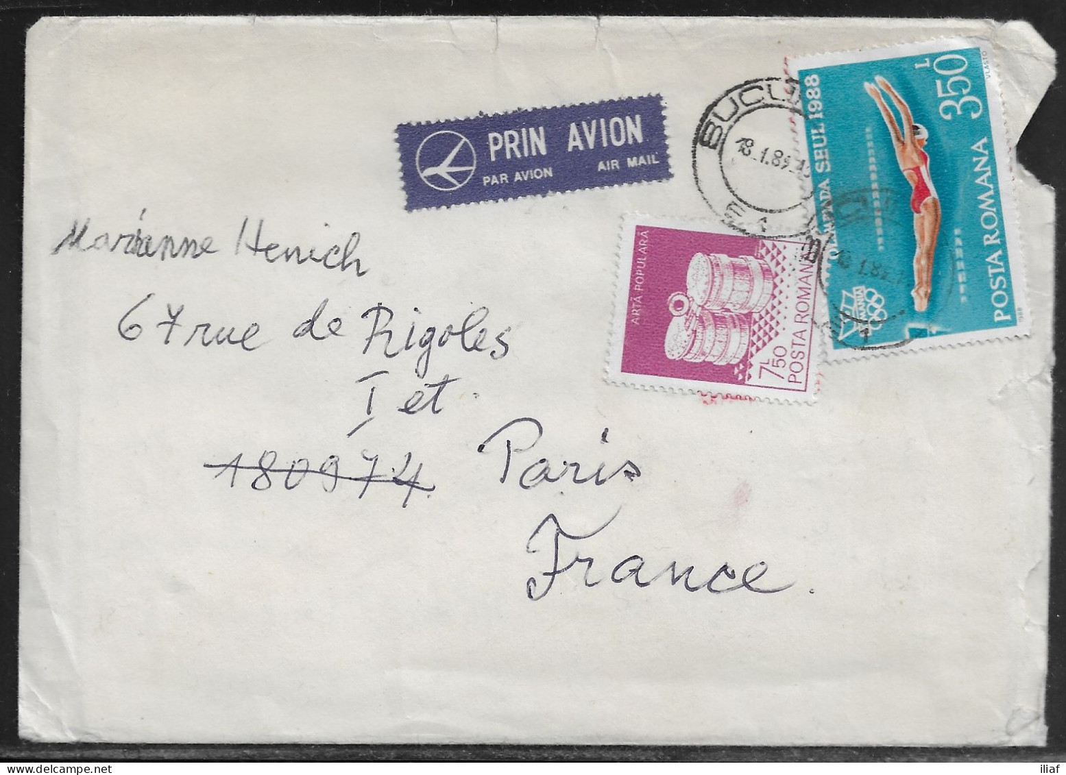 Romania. Stamps Sc. 3112, 3530 On Air Mail Letter, Sent From Bucharest On 18.01.1989 To France. Letter Inside - Covers & Documents