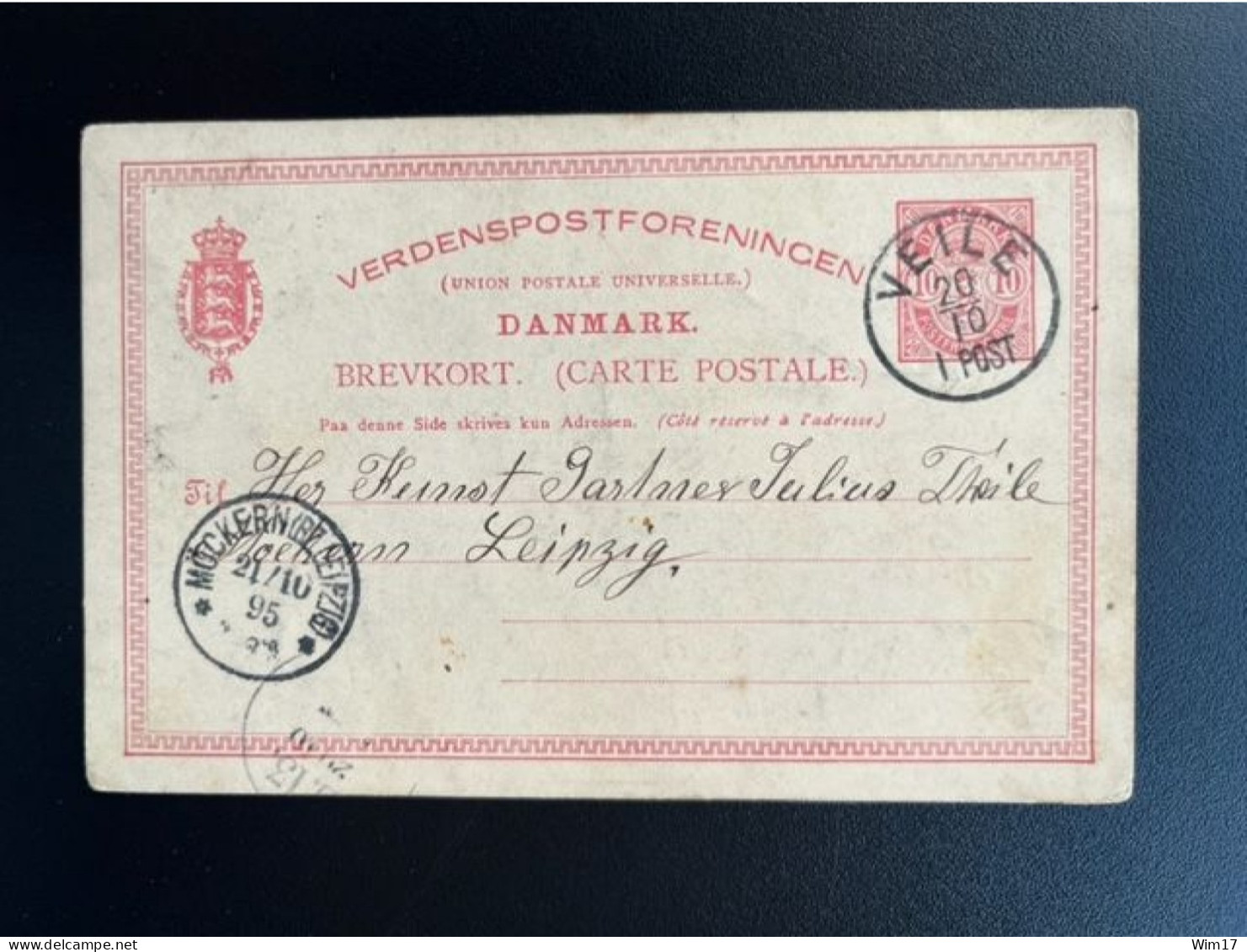 DENMARK DANMARK 1895 POSTCARD VEILE TO MOCKERN BZ LEIPZIG 20-10-1895 DENEMARKEN - Entiers Postaux