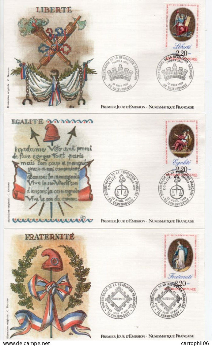 - 3 FDC BICENTENAIRE DE LA RÉVOLUTION FRANCAISE 1989 - LIBERTÉ, ÉGALITÉ, FRATERNITÉ - - French Revolution