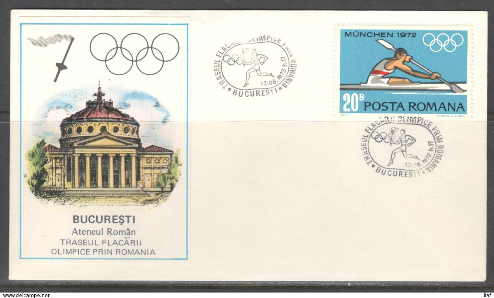 Romania. The Journey Of The Torch For The XX Munich Olympics 1972. Bucuresti, 13.08.1972  Special Cancellation - Lettres & Documents