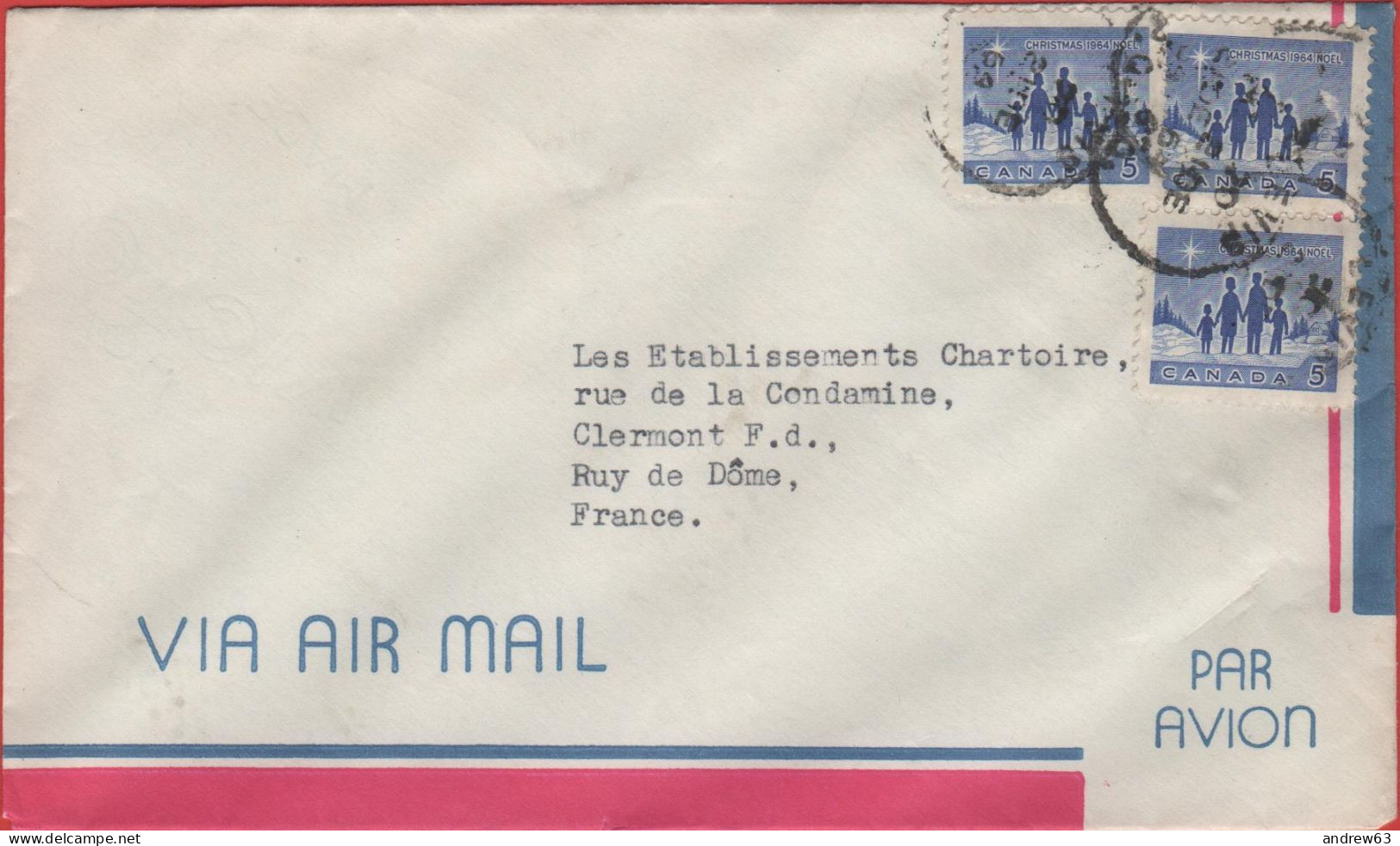 CANADA - 1964 - 3x 5c Christmas - Air Mail - Viaggiata Da ???? Per Clermont-Ferrand, France - Lettres & Documents