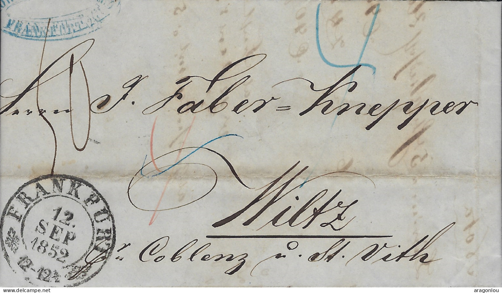 Luxembourg - Luxemburg - 1852   Lettre  Adressé à Monsieur  Faber - Knepper , Wiltz - Cachet Frankfurt - ...-1852 Préphilatélie