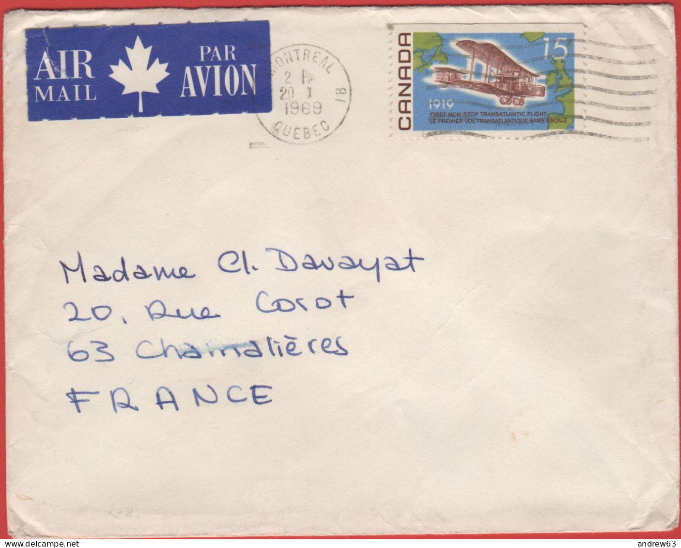 CANADA - 1969 - 15c First Non Stop Transatlantic Flight - Air Mail - Viaggiata Da Montreal Per Chamalières, France - Briefe U. Dokumente