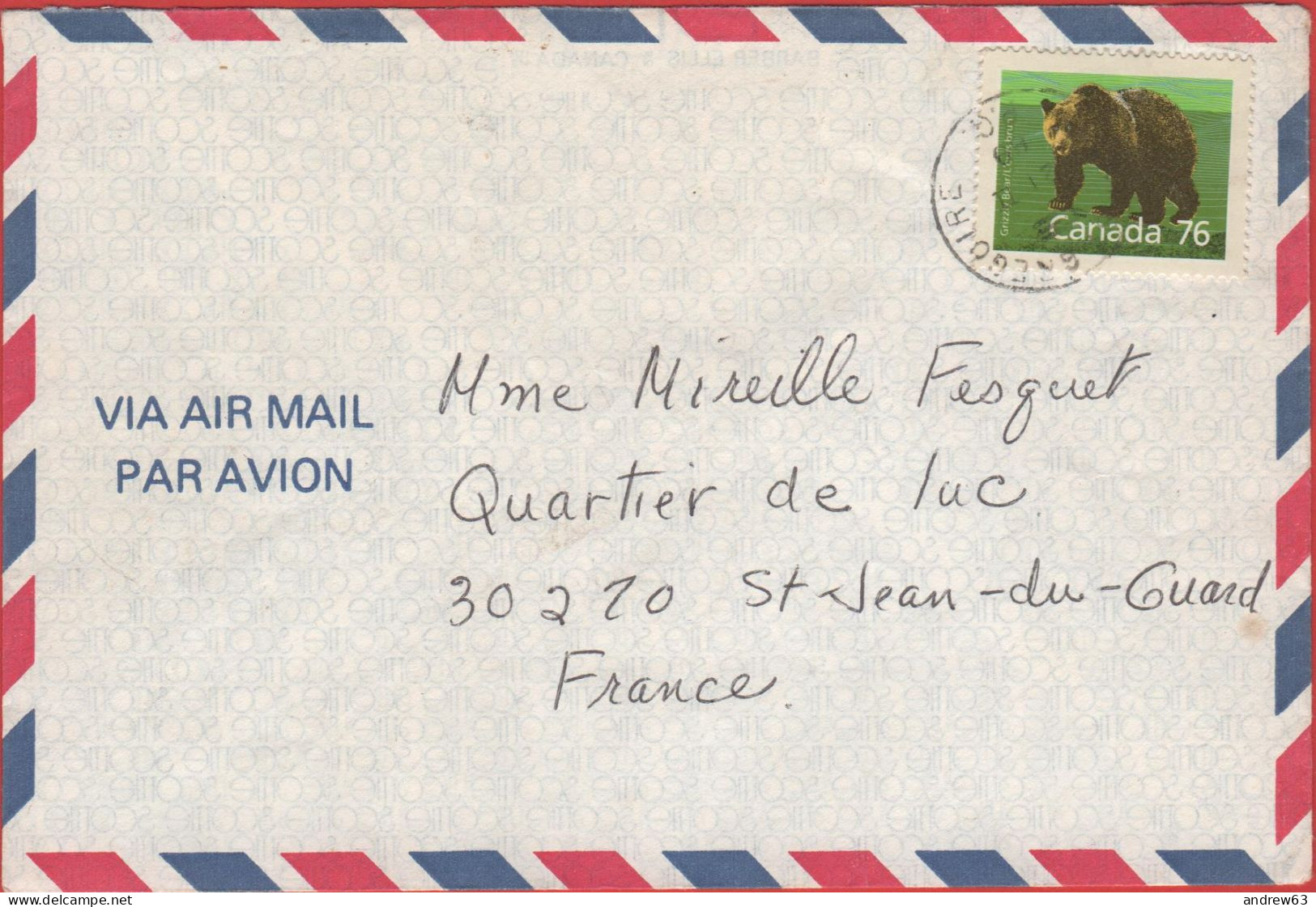 CANADA - 1989 - 76c Grizzly Bear - Air Mail - Viaggiata Da Saint-Grégoire Per Saint-Jean-du-Gard, France - Covers & Documents