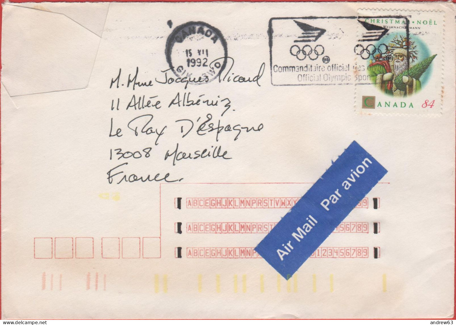 CANADA - 1992 - 84c Christmas - Air Mail - Viaggiata Da GIK 3WO Per Marseille, France - Briefe U. Dokumente