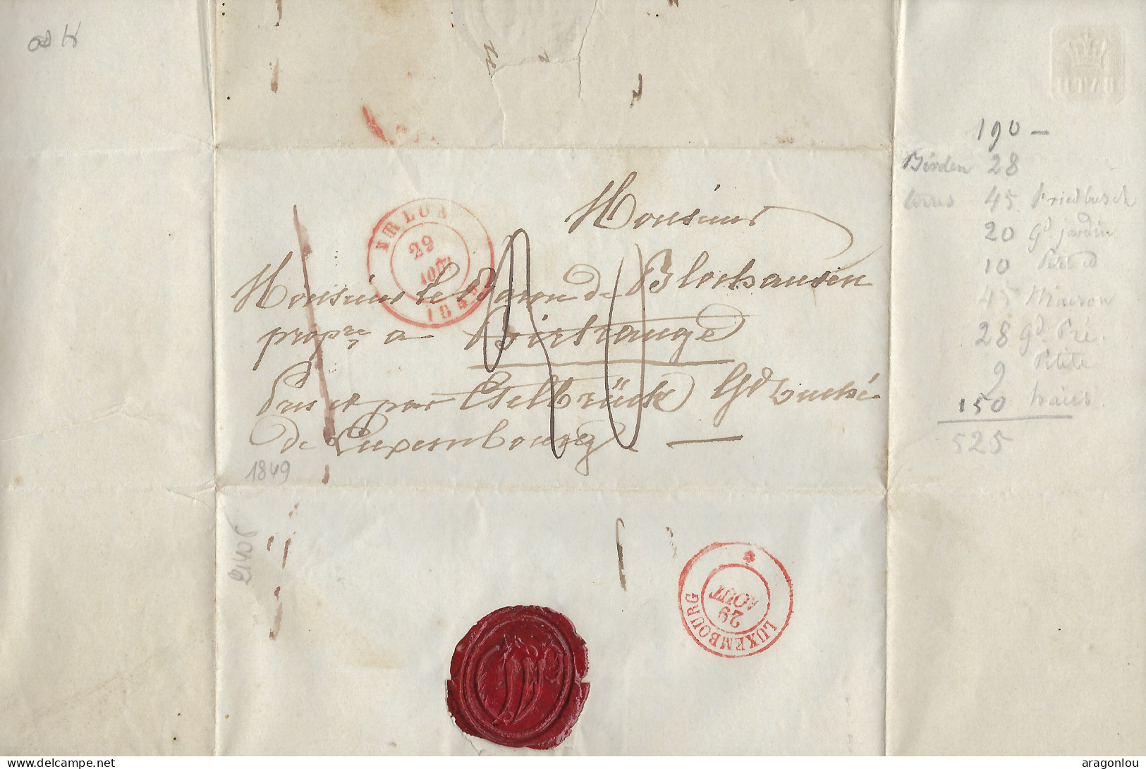 Luxembourg - Luxemburg - 1849  Lettre   Adressé à   Monsieur    Bockhausen , Birtrange  Par  Ettelbruck - ...-1852 Prephilately