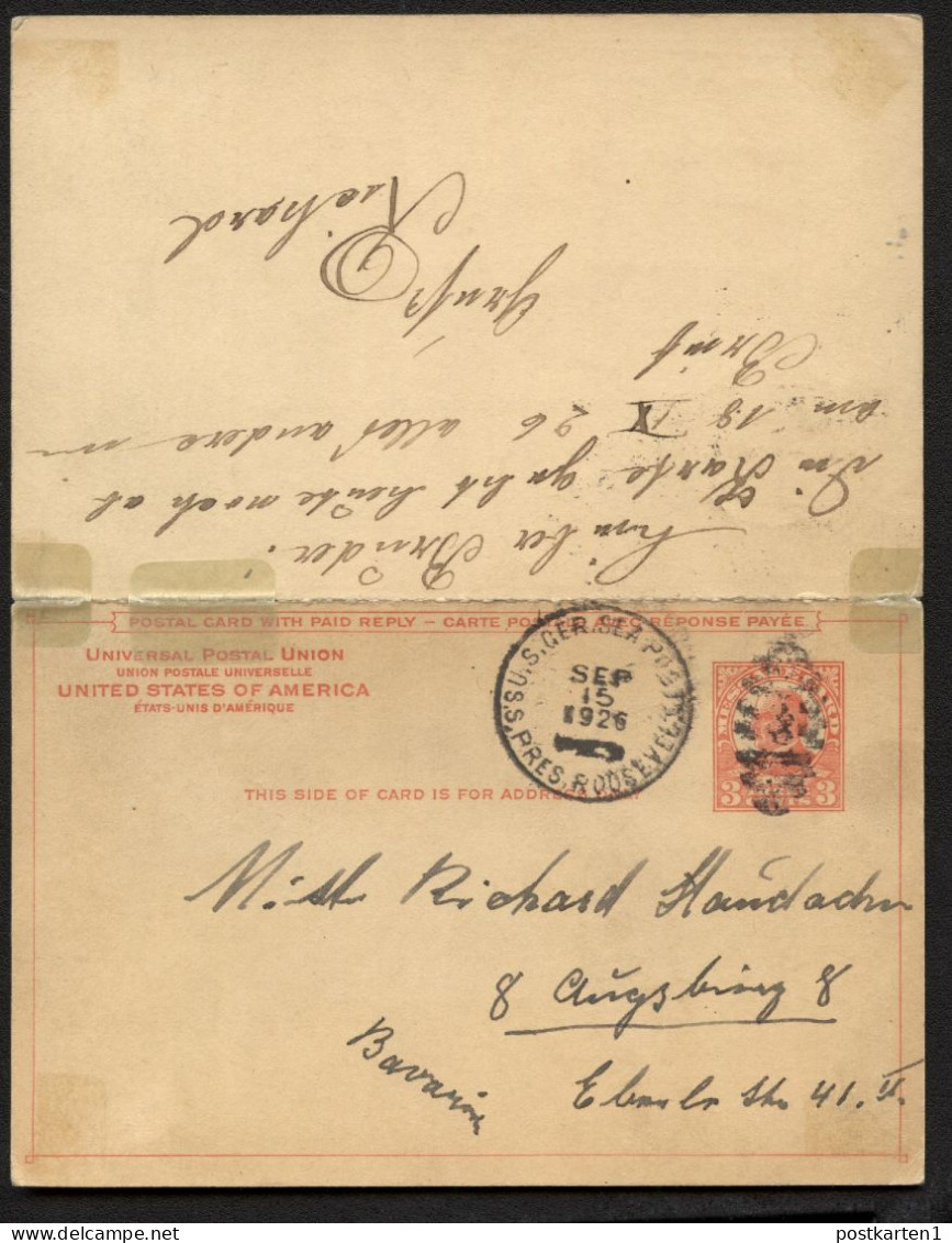 UY12 Sep.1 Postal Card With Reply US German Seapost - Augsburg 1926 - 1921-40