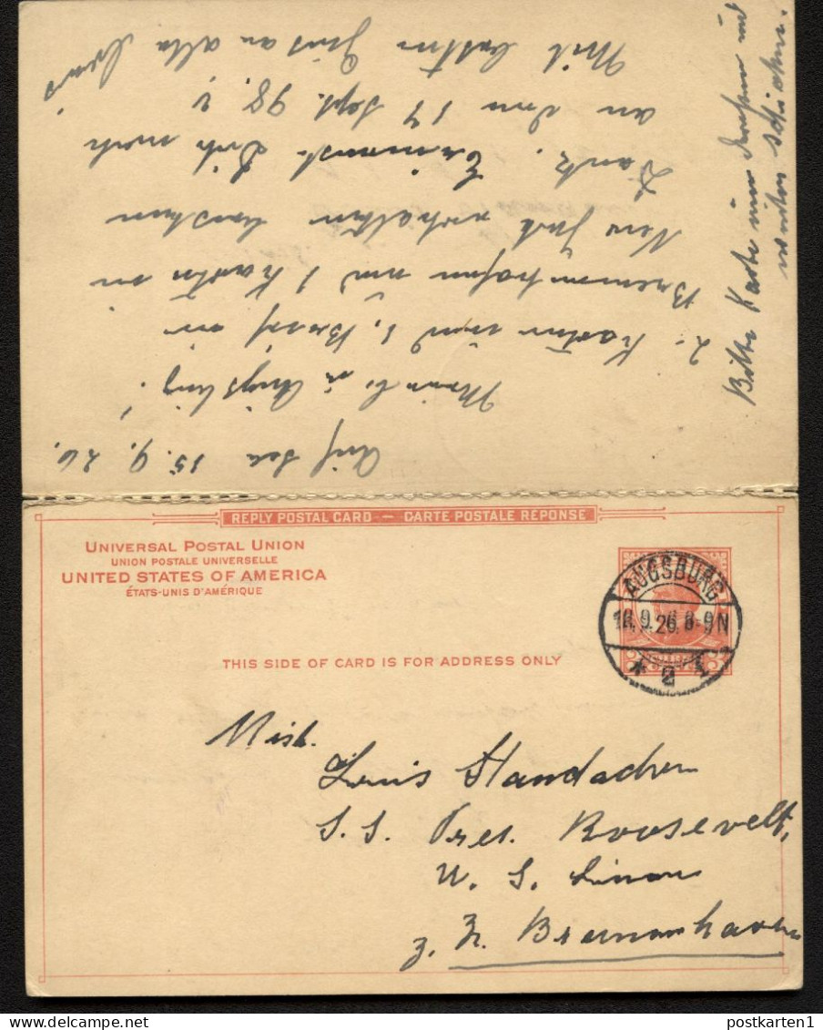 UY12 Sep.1 Postal Card With Reply US German Seapost - Augsburg 1926 - 1921-40