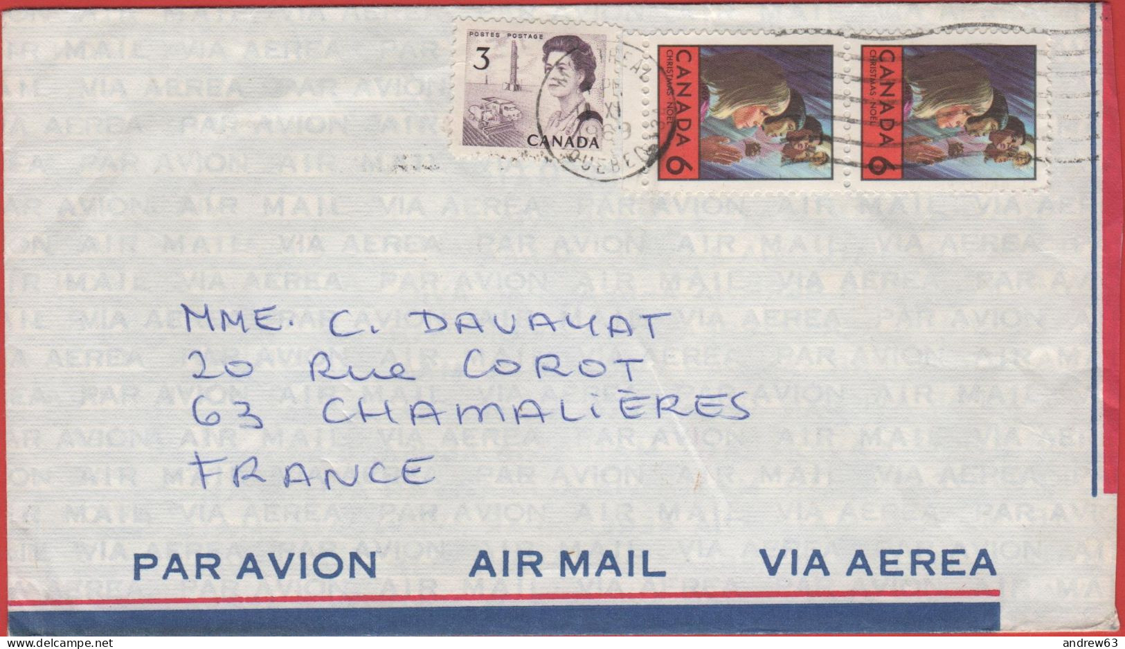 CANADA - 1969 - 3c + 2x 6c Christmas - Air Mail - Viaggiata Da Montreal Per Chamalières, France - Brieven En Documenten