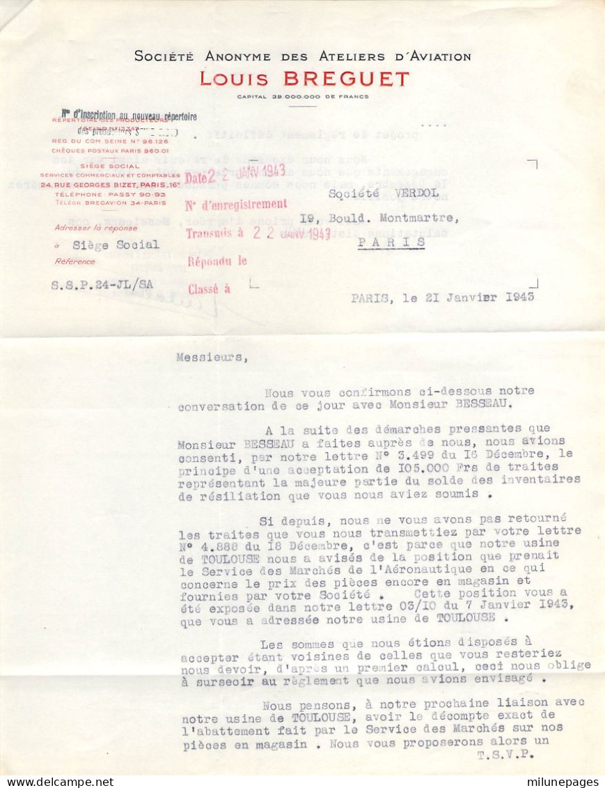 Lettre à En-tête Et Enveloppe De La SA Des Ateliers D'Aviation Louis Bréguet Janvier 1943 - Aviation