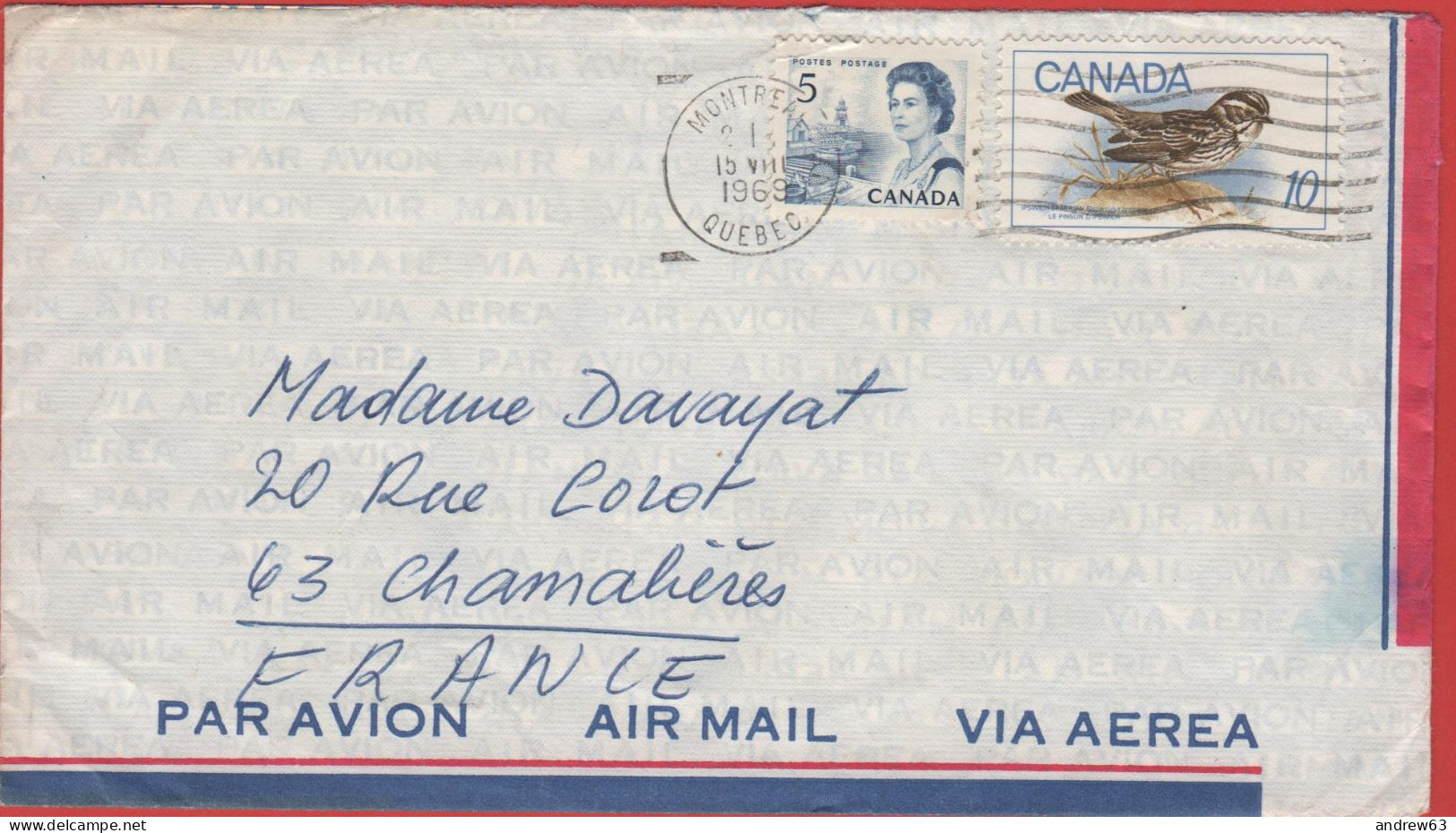 CANADA - 1969 - 5c + 10c Bird (Ipswich Sparrow) - Air Mail - Viaggiata Da Montreal Per Chamalières, France - Cartas & Documentos