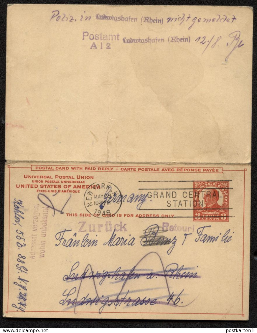 UY12 Sep.7 Postal Card With Reply New York NY - GERMANY UNDELIVERABLE 1946 - 1921-40