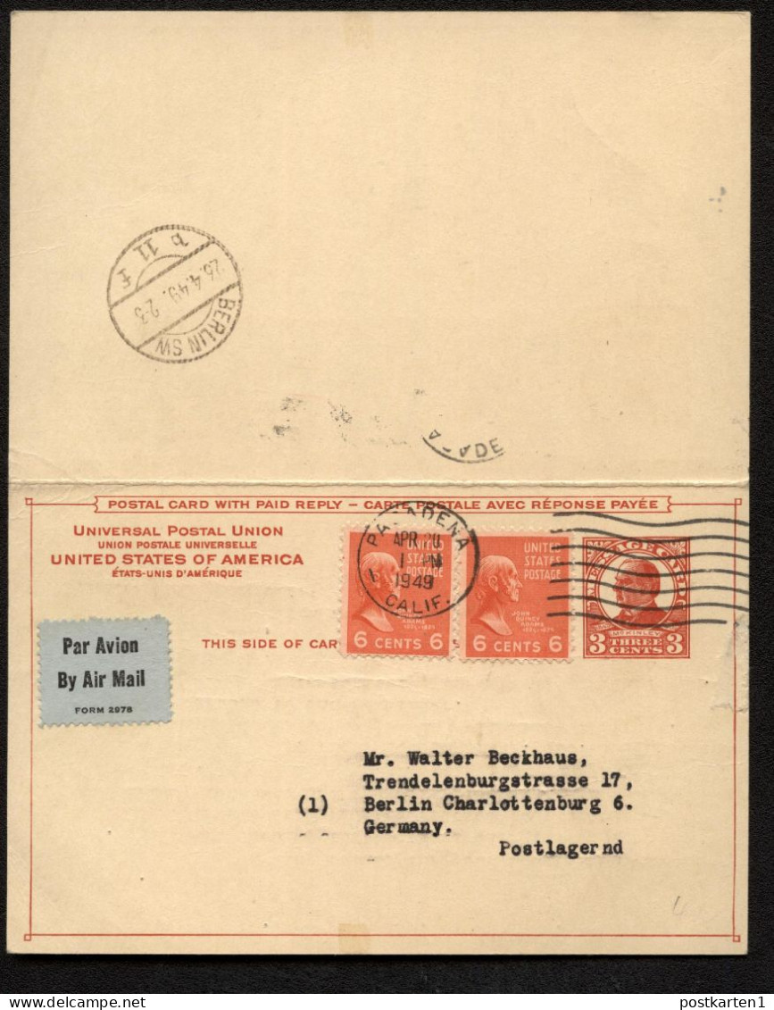 UY12 Sep.8 Postal Card With Reply Pasadena CA - GERMANY PREXIES AIRMAIL 1949 - 1921-40