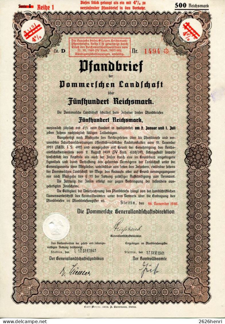 4 % Pommerschen Landschaft Pfandbrief 500 Reichsmark, Stettin 1941. #D8 - Agriculture