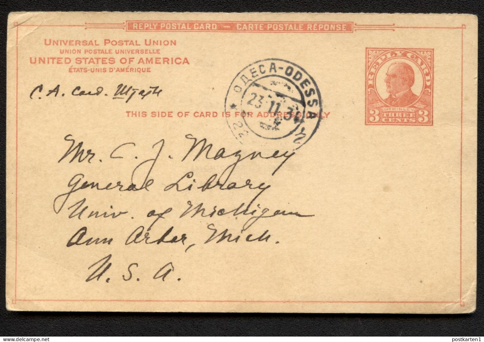 UY12r Reply Card Odessa RUSSIA - Ann Arbor MI 1934 - 1921-40