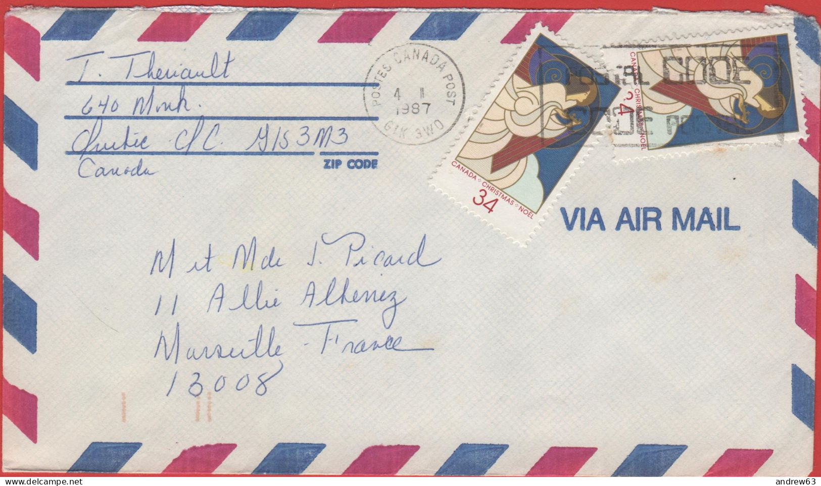CANADA - 1987 - 2x 34c Christmas - Air Mail - Viaggiata Da GIK 3WO Per Marseille, France - Briefe U. Dokumente