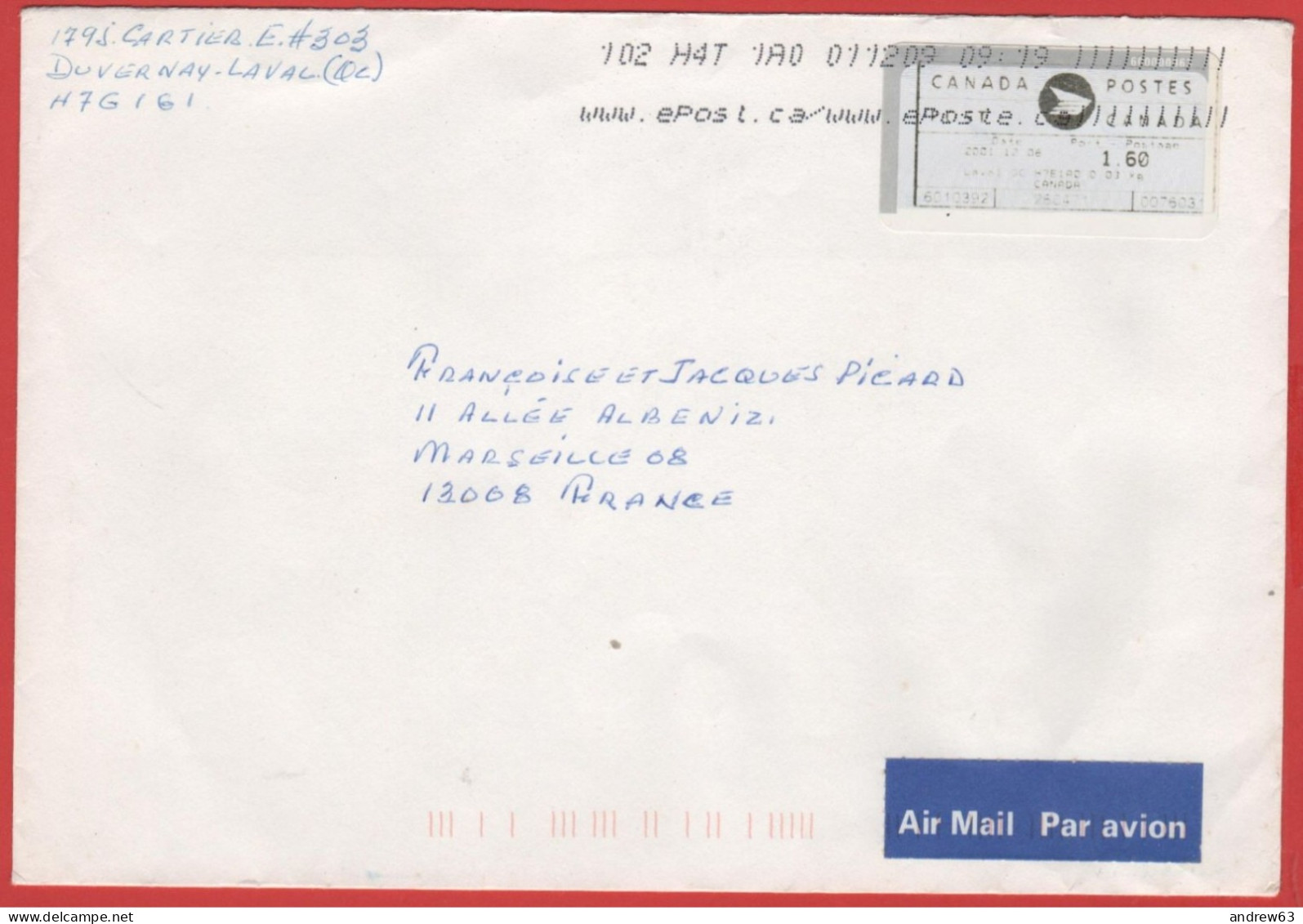 CANADA - 2001 - $1.60 Postage Paid + Cinderella TBC On The Rear - Viaggiata Da Laval Per Marseille, France - Lettres & Documents