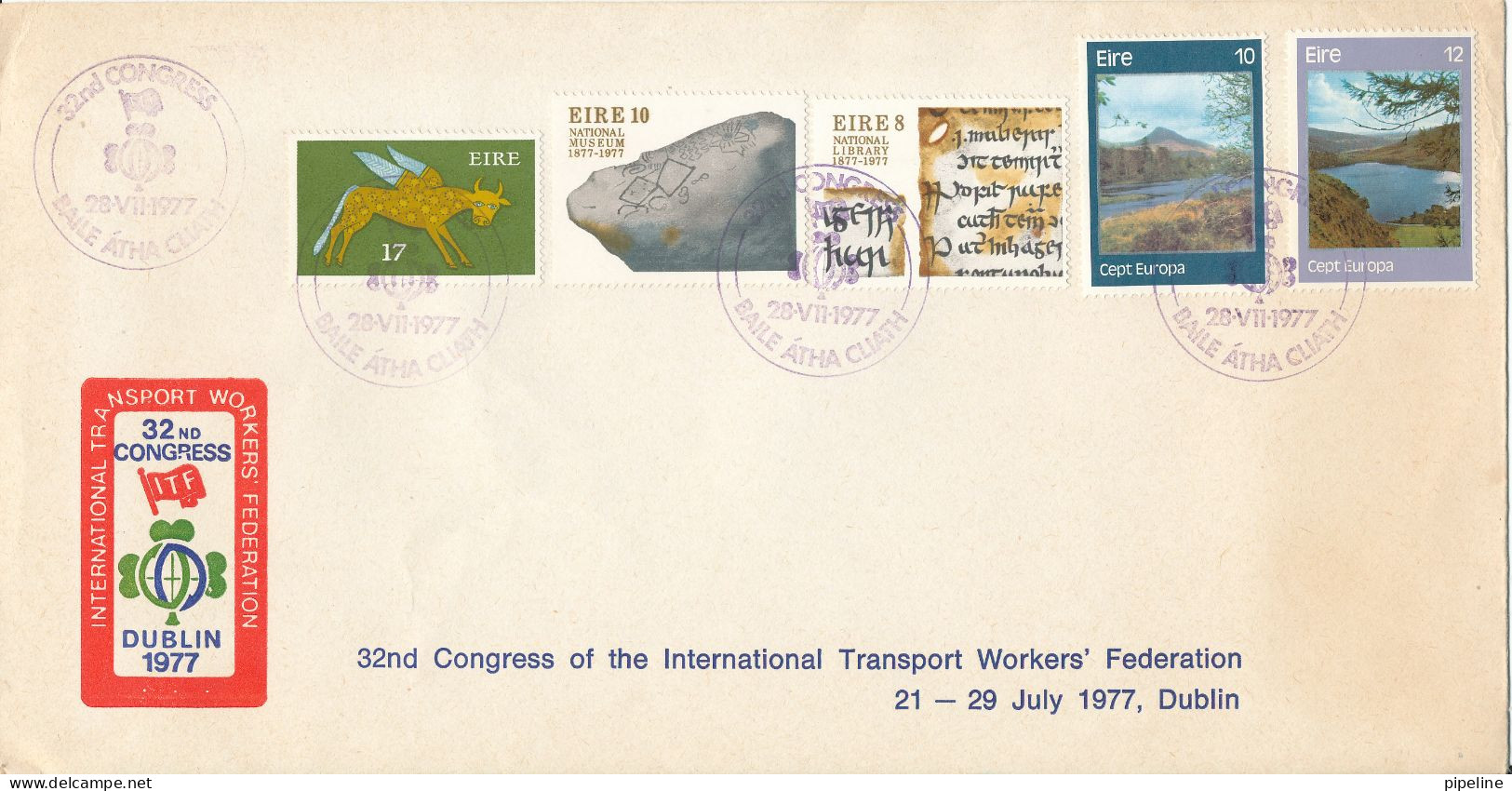 Ireland Cover 28-11-1977 32nd Internationale Congress Transport Workers Federation With Special Cachet - Brieven En Documenten