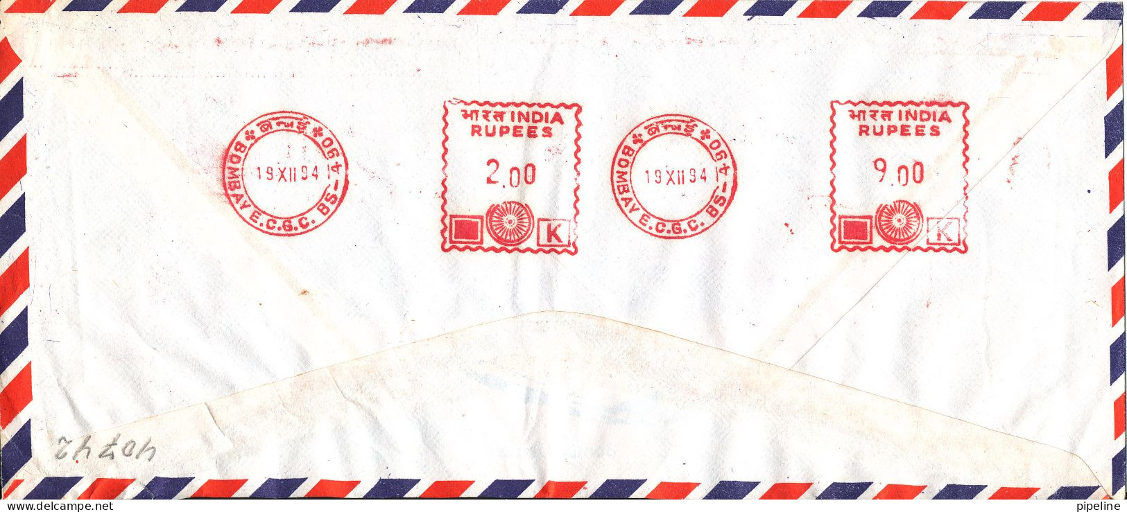 India Air Mail Cover With Meter Cancel Bombay 19-12-1994 (on The Backside Of The Cover) Sent To Denmark - Poste Aérienne