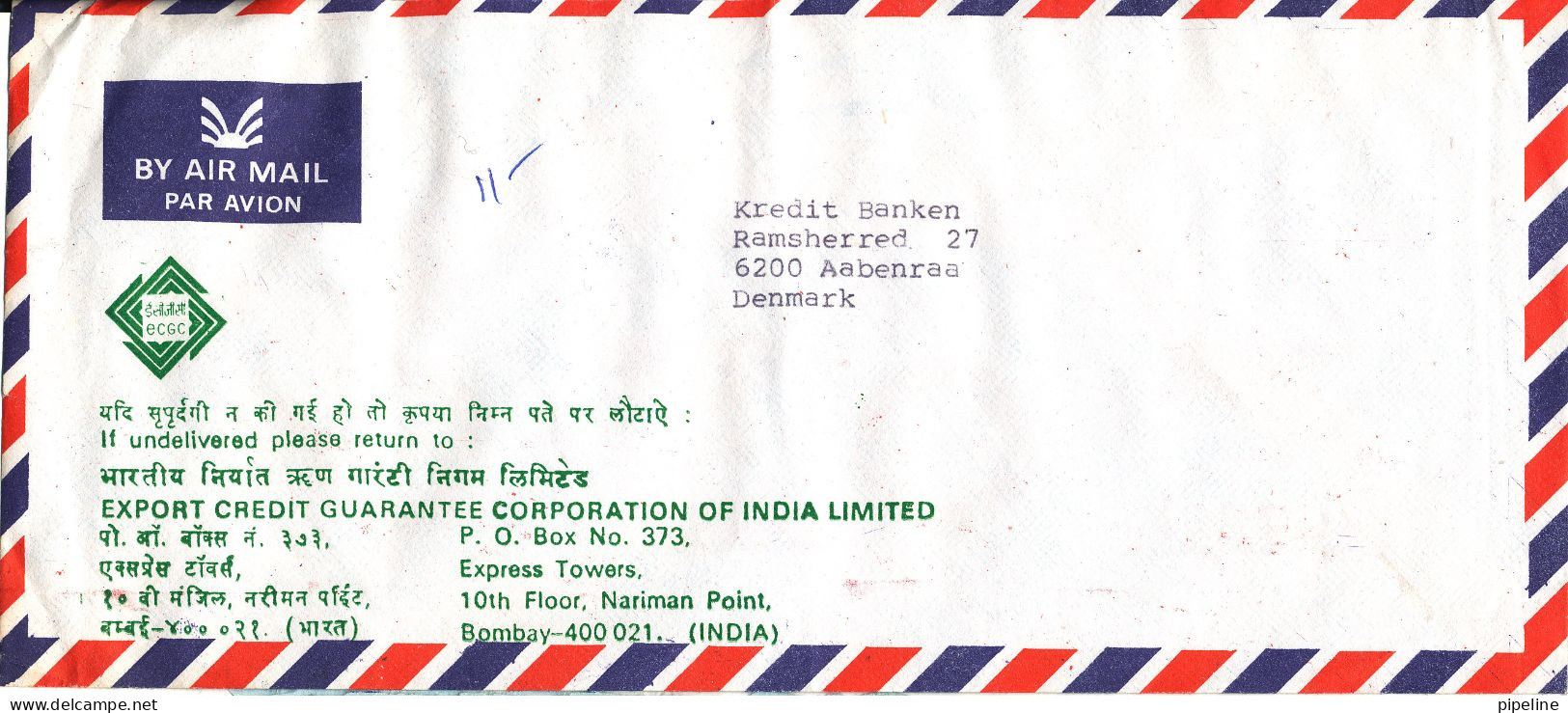 India Air Mail Cover With Meter Cancel Bombay 19-12-1994 (on The Backside Of The Cover) Sent To Denmark - Posta Aerea