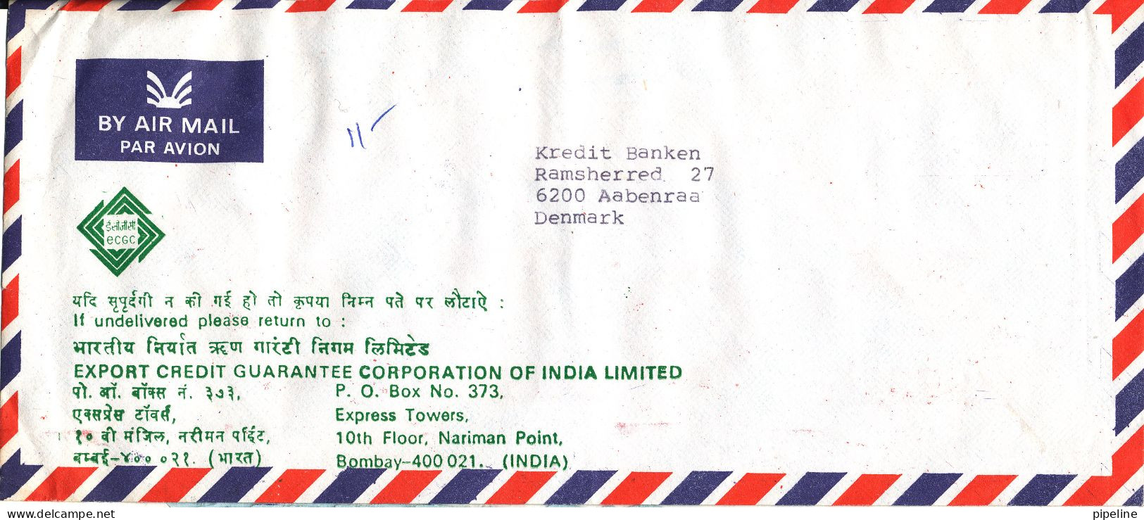 India Air Mail Cover With Meter Cancel Bombay 19-12-1994 (on The Backside Of The Cover) Sent To Denmark - Airmail