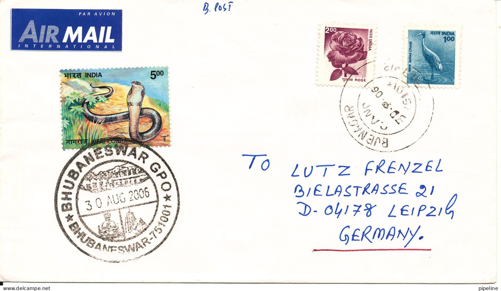 India Cover Sent To Germany Bhubaneswar 30-8-2006 Topic Stamps SNAKE - Briefe U. Dokumente