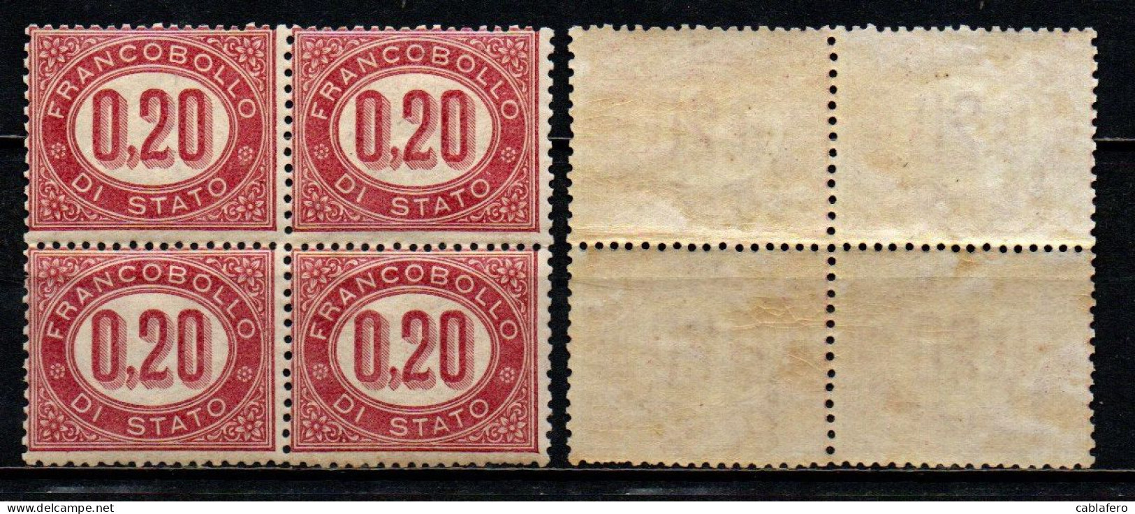 ITALIA REGNO - 1875 - CIFRA IN UN OVALE - VALORE DA 0,20 C.- LACCA SCURO - QUARTINA - MNH - Dienstzegels