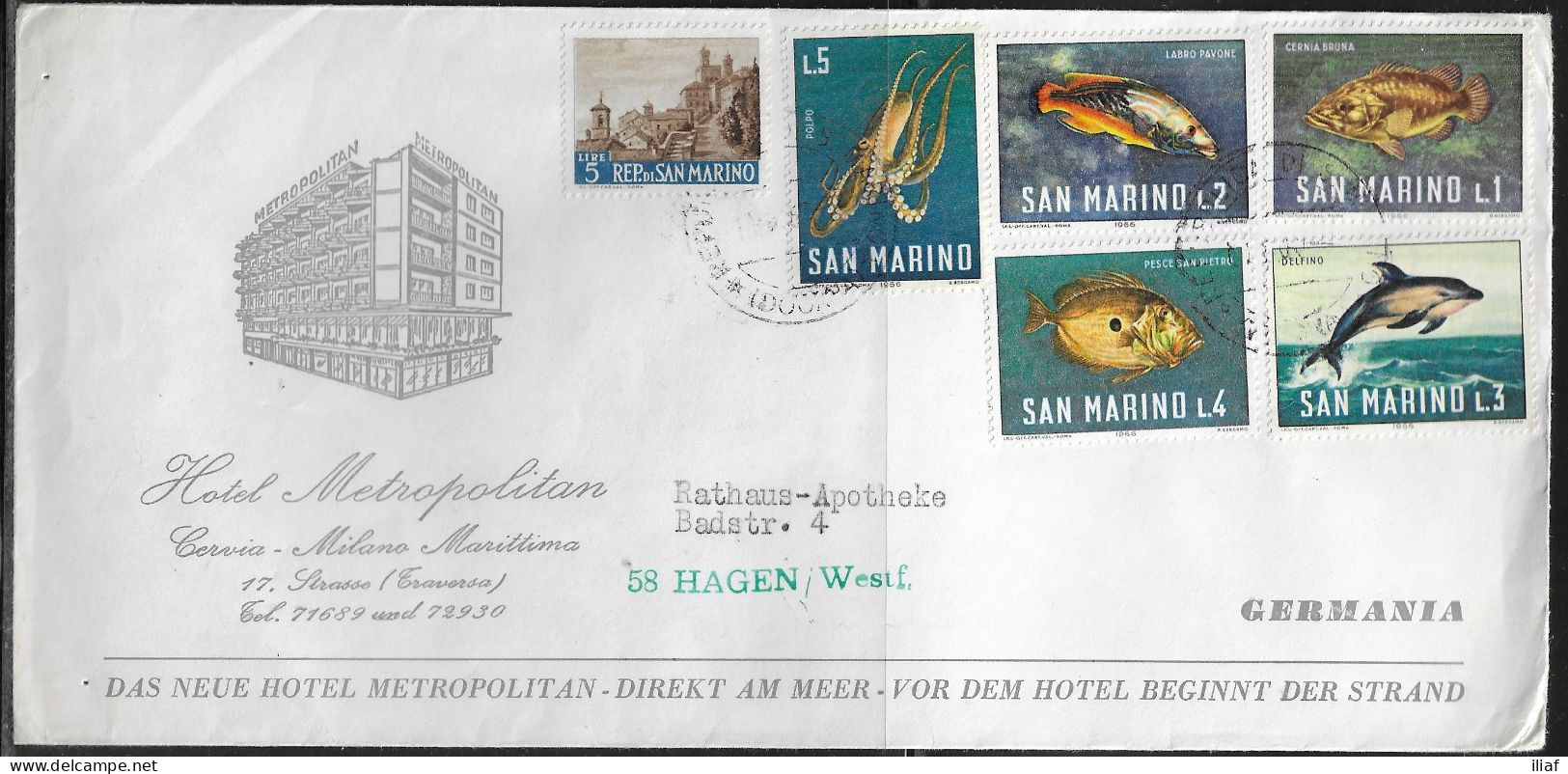 San Marino. Stamps Sc. 633, 643-647 On Letter From Hotel Metropolitan, Sent From Republica Di San Marino  To Germany. - Storia Postale