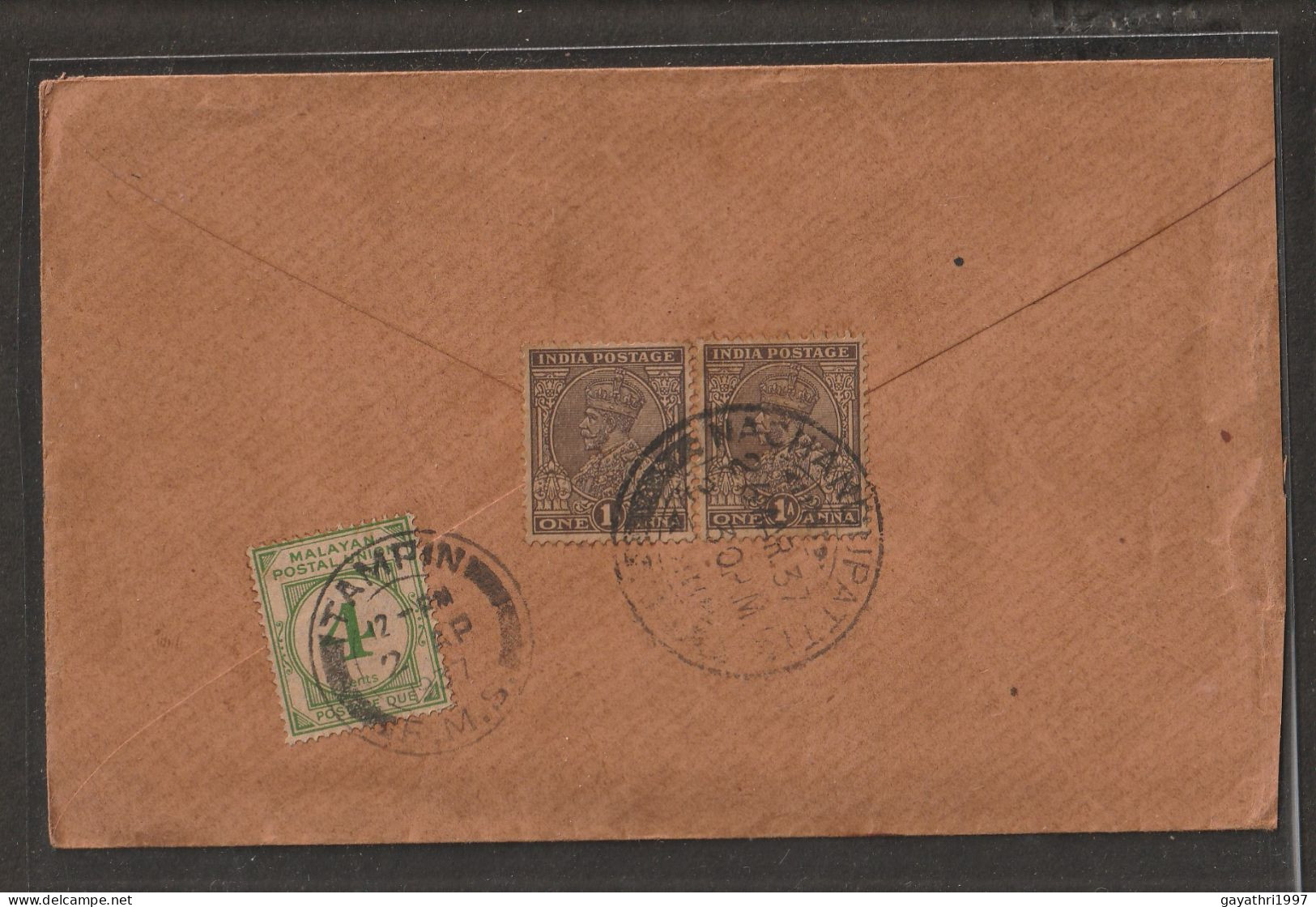 India 1937 K G V Th Stamps On Cover From Tamil Nadu To Malaya With Malayan Postal Union Postage Due Stamp On Cover (a170 - Enveloppes