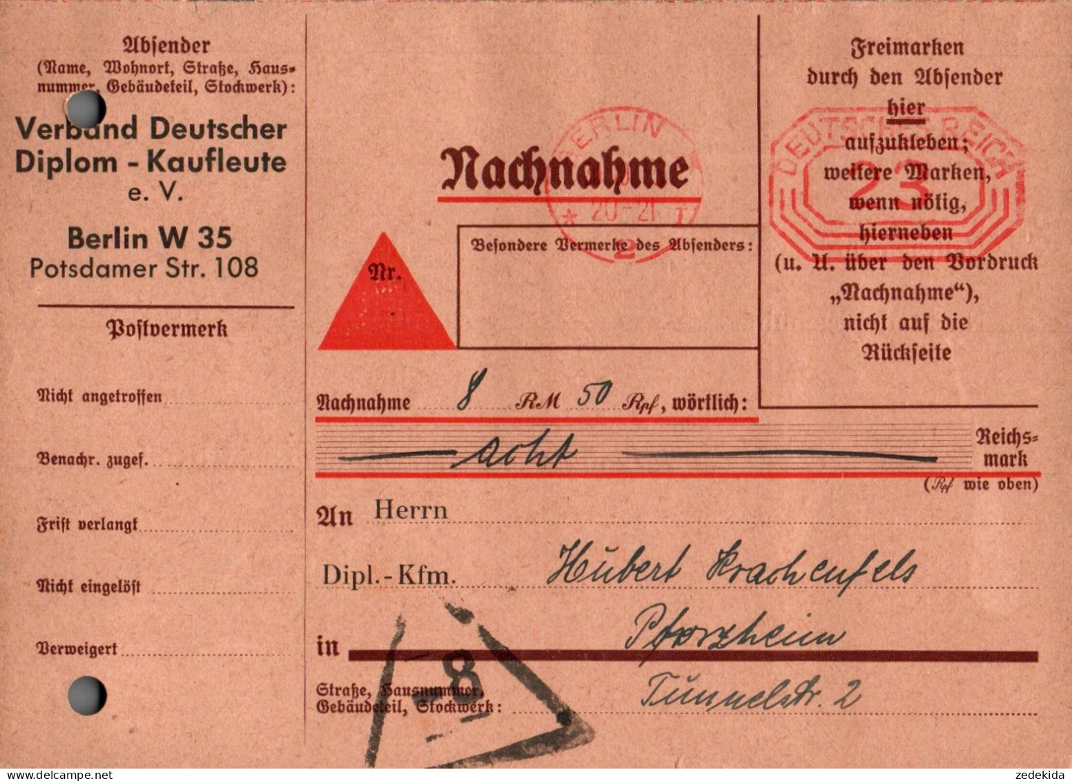 G7451 - Berlin Verband Deutscher Diplom Kaufleute - Nachnahme Zahlschein Freistempel Freistempler - Franking Machines