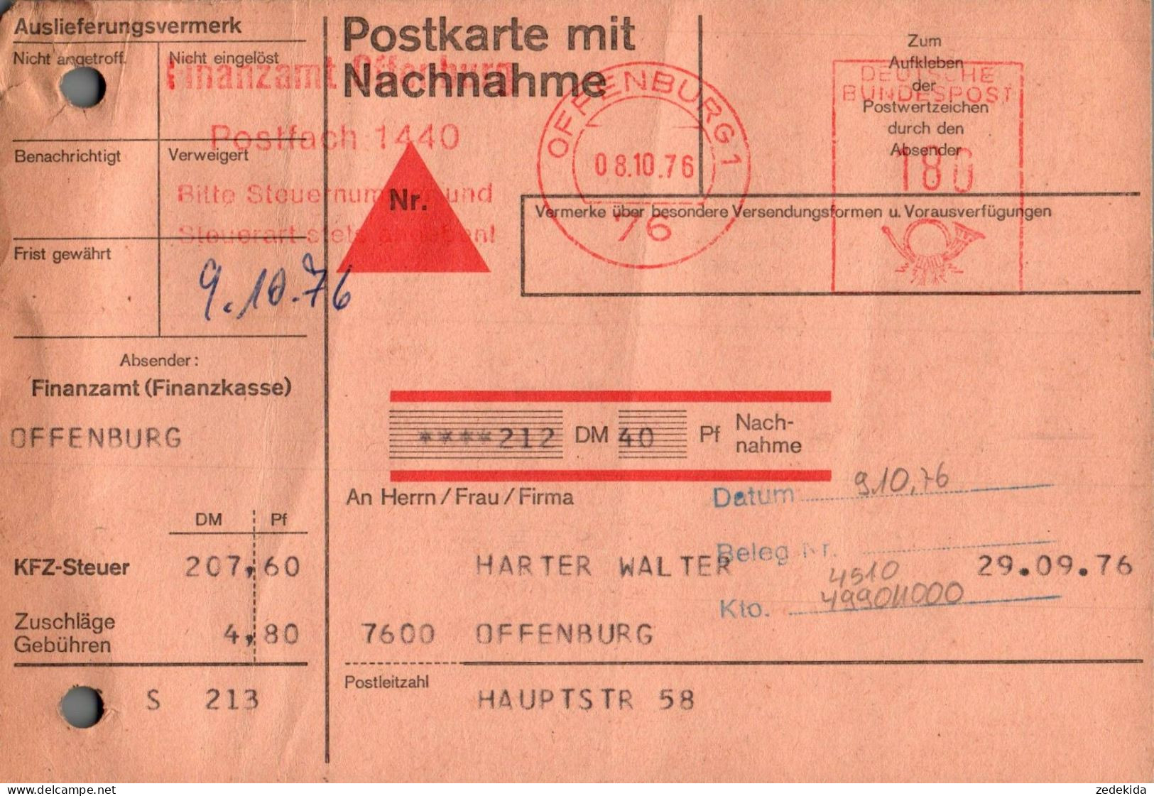 G3992 - Offenburg Nachnahme Finanzamt - Zahlschein Quittung Freistempel Freistempler - Franking Machines (EMA)