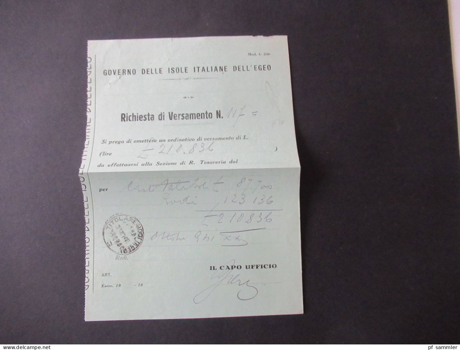 Italien 1941 / Rodi / Rhodos / Isole Italiane Dell'Egeo / Stempel Titolare Rodi (Egeo) / Unterschrift Il Capo Ufficio - Egeo (Rodi)