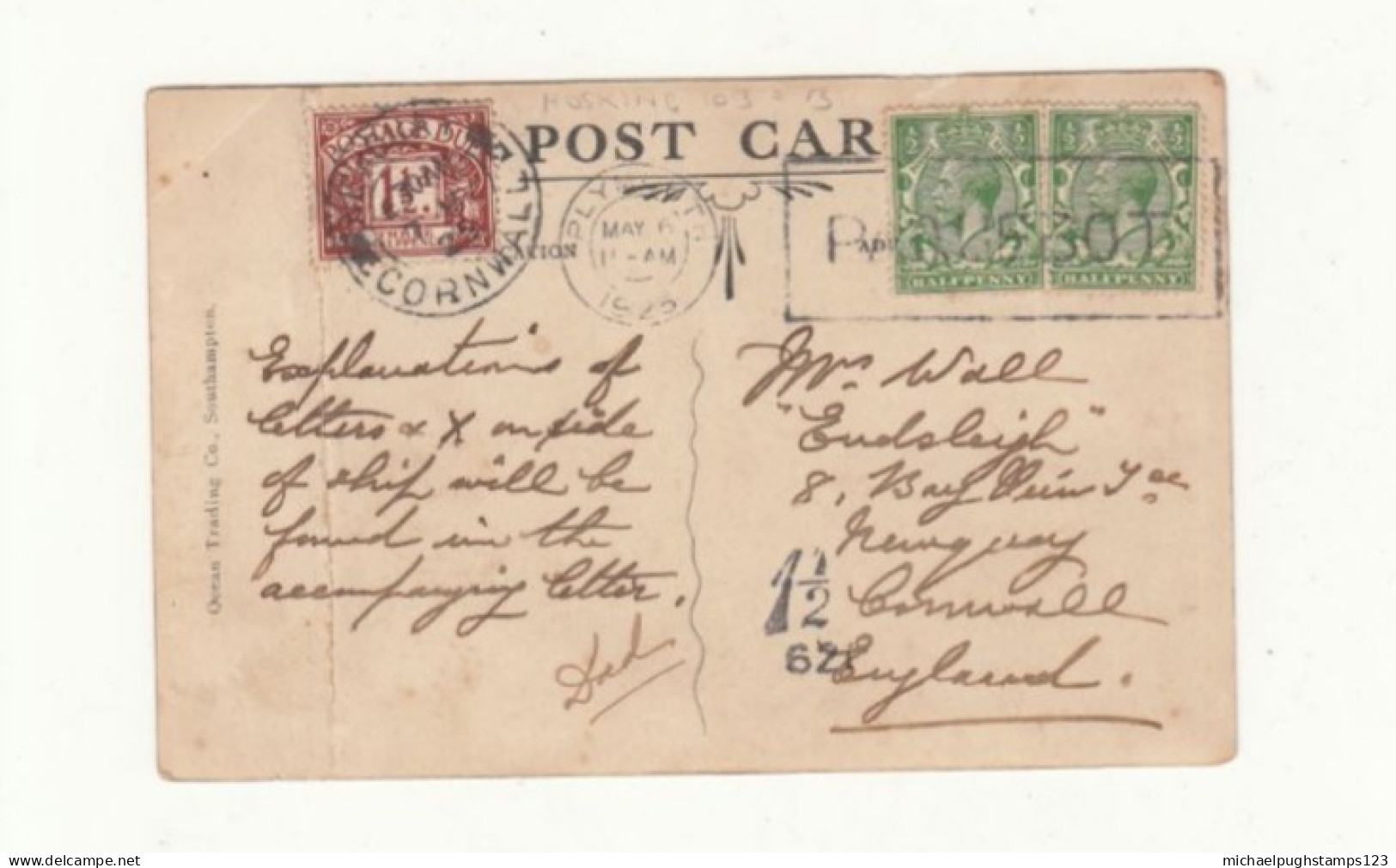 G.B. / Plymouth Paquebot Mail / Tax / Ship Postcards / Newquay - Unclassified