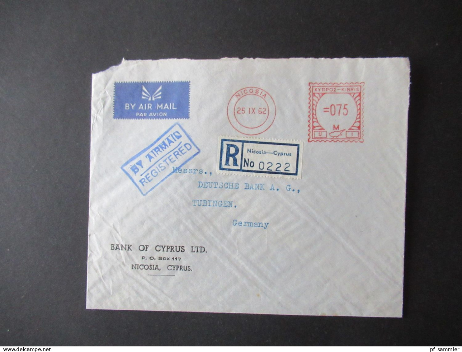 Zypern 1962 Kibris Türk Freistempel Nicosia Registered Letter Umschlag Bank Of Cyprus Nach Tübingen - Covers & Documents