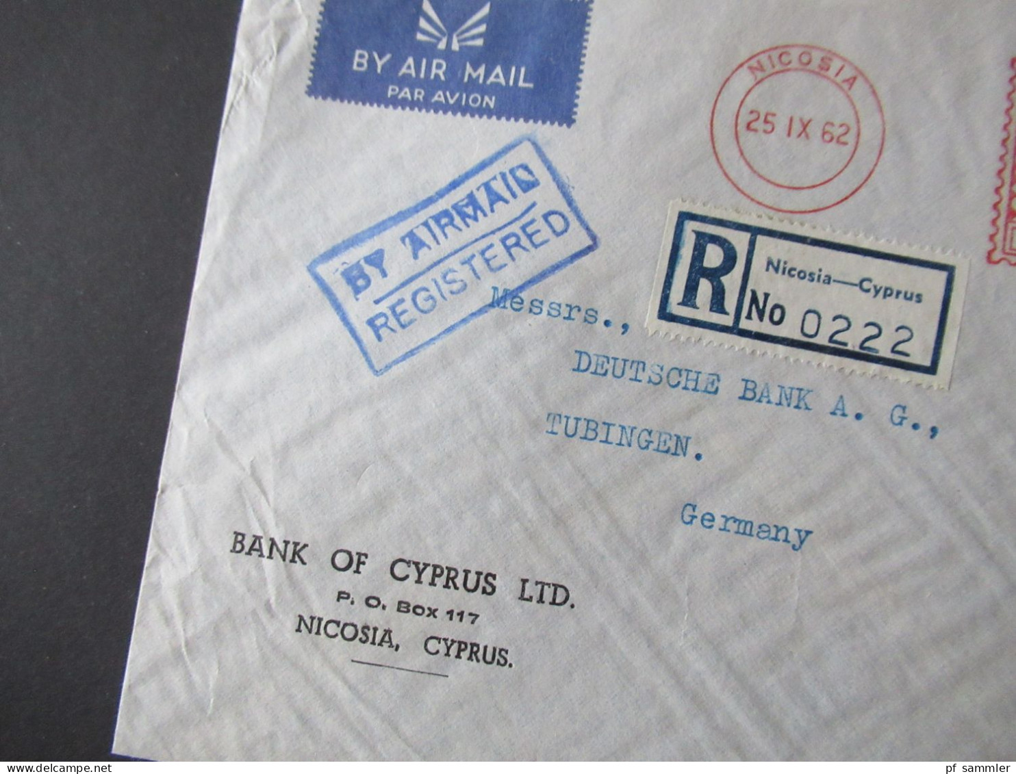 Zypern 1962 Kibris Türk Freistempel Nicosia Registered Letter Umschlag Bank Of Cyprus Nach Tübingen - Lettres & Documents