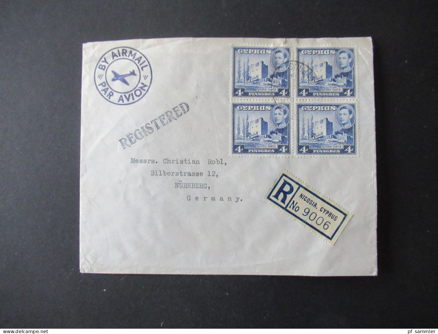 Zypern 1953 GB Kolonie By Airmail Registered Letter Nicosia Cyprus / Marken MeF / Viererblock Nach Nürnberg Mit Ank. Stp - Chipre (...-1960)