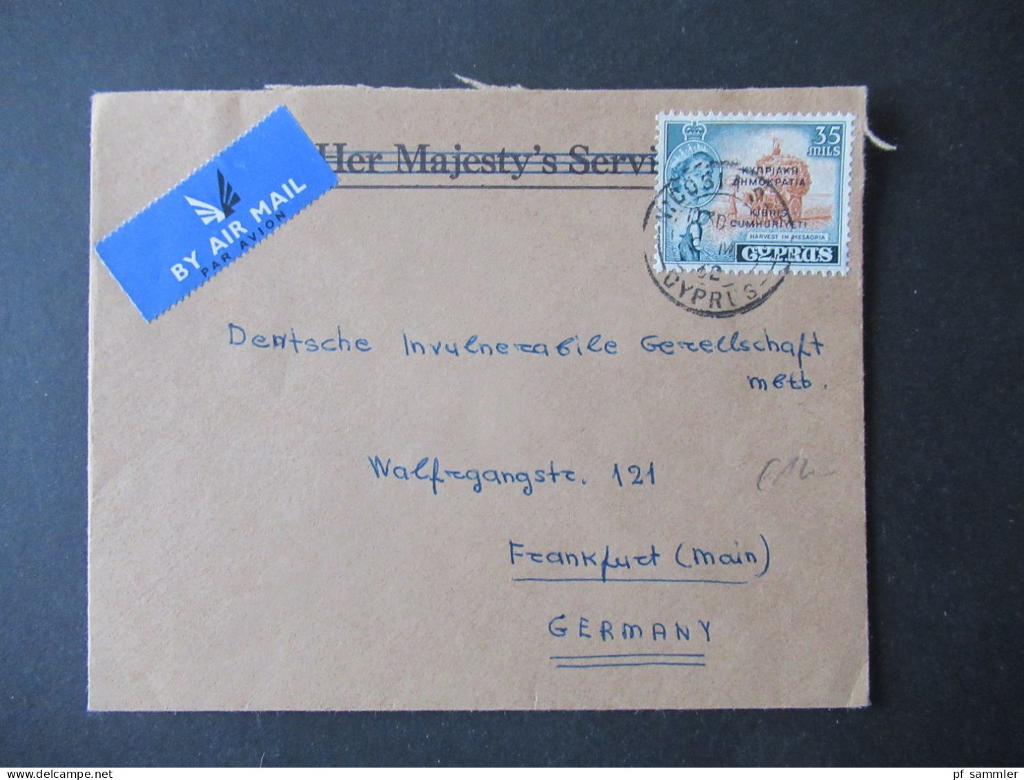 Zypern 1962 Marke Mit Aufdruck Republik Zypern / Kibris Cumhiriyeti / Alter GB Umschlag OHMS By Air Mail Nach Frankfurt - Briefe U. Dokumente