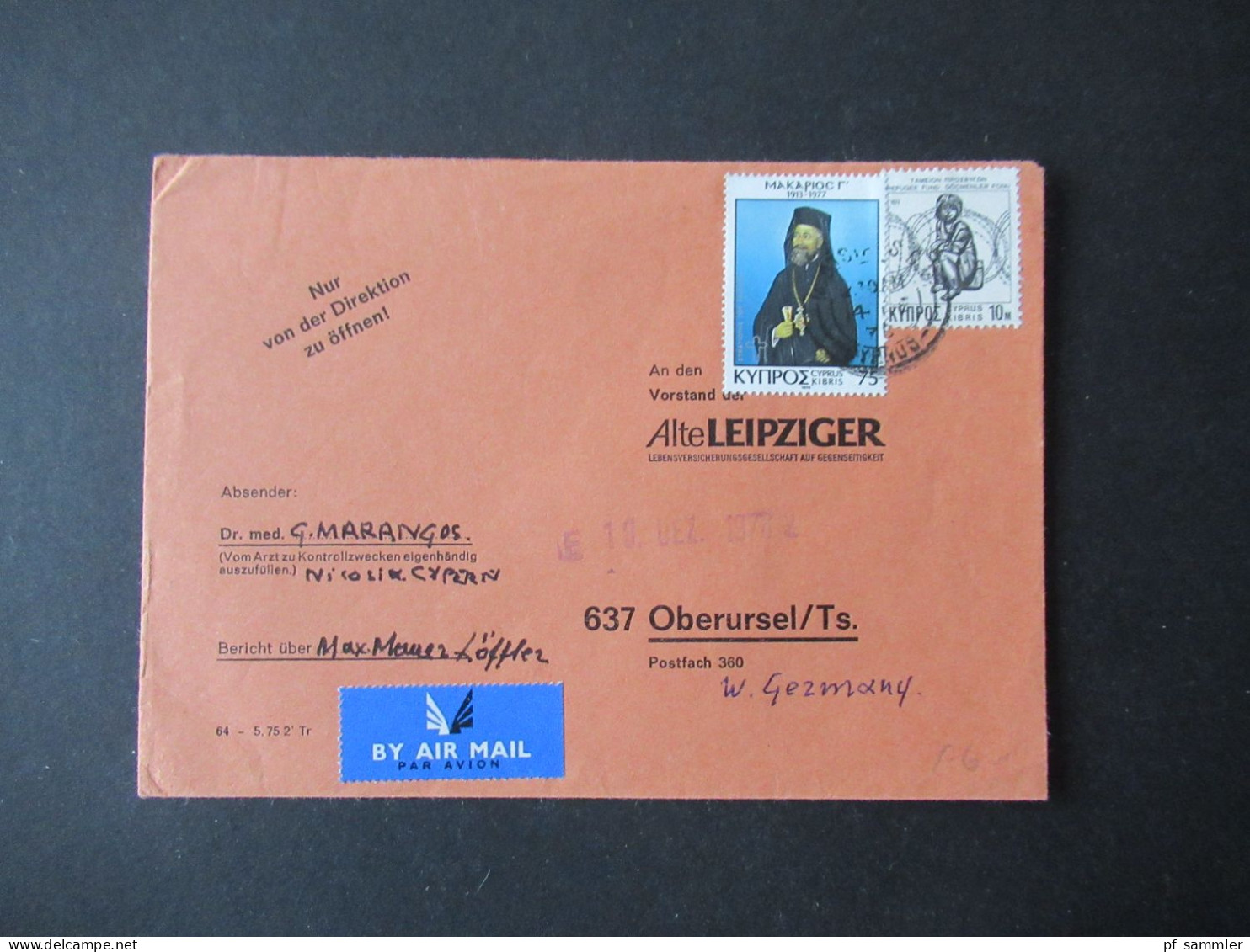 Zypern 1978 Luftpost Nicosia - Oberursel Ts. An Den Vorstand Der Alte Leipziger / Abs. Vermerk Dr. Med. G. Marangos - Storia Postale