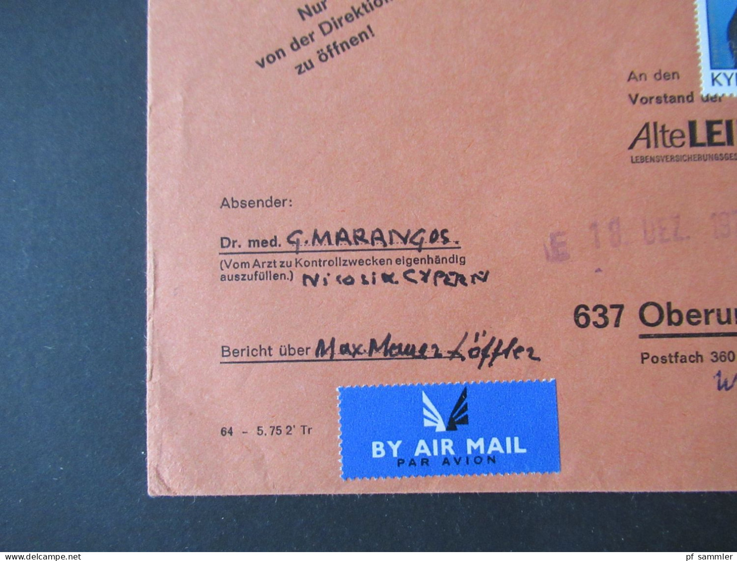 Zypern 1978 Luftpost Nicosia - Oberursel Ts. An Den Vorstand Der Alte Leipziger / Abs. Vermerk Dr. Med. G. Marangos - Cartas & Documentos