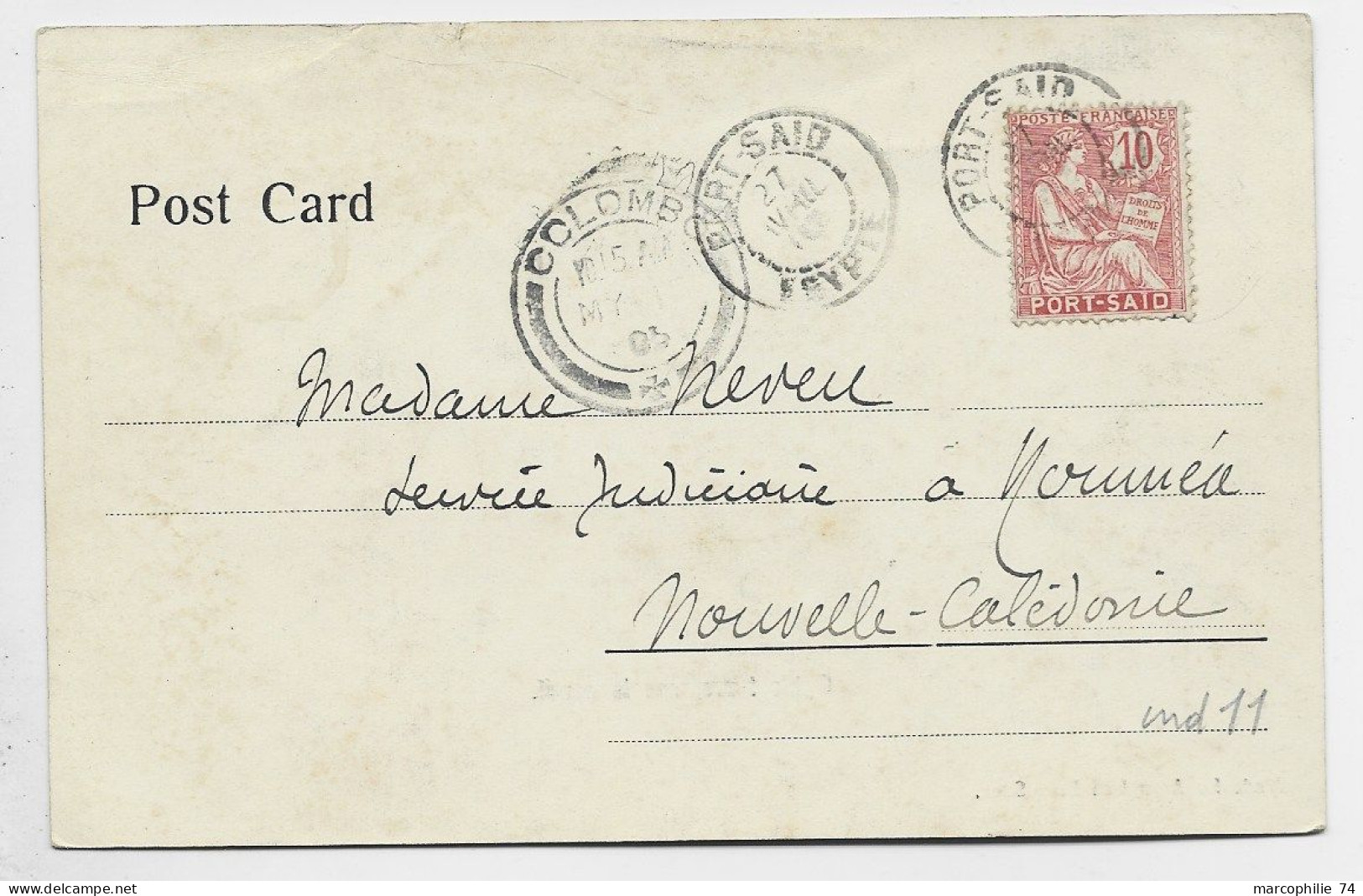 PORT SAID 10C MOUCHON CARTE SUEZ OPHIR TRAVERSANT LE CANAL 1905 POUR NOUMEA NOUVELLE CALEDONIE - Storia Postale